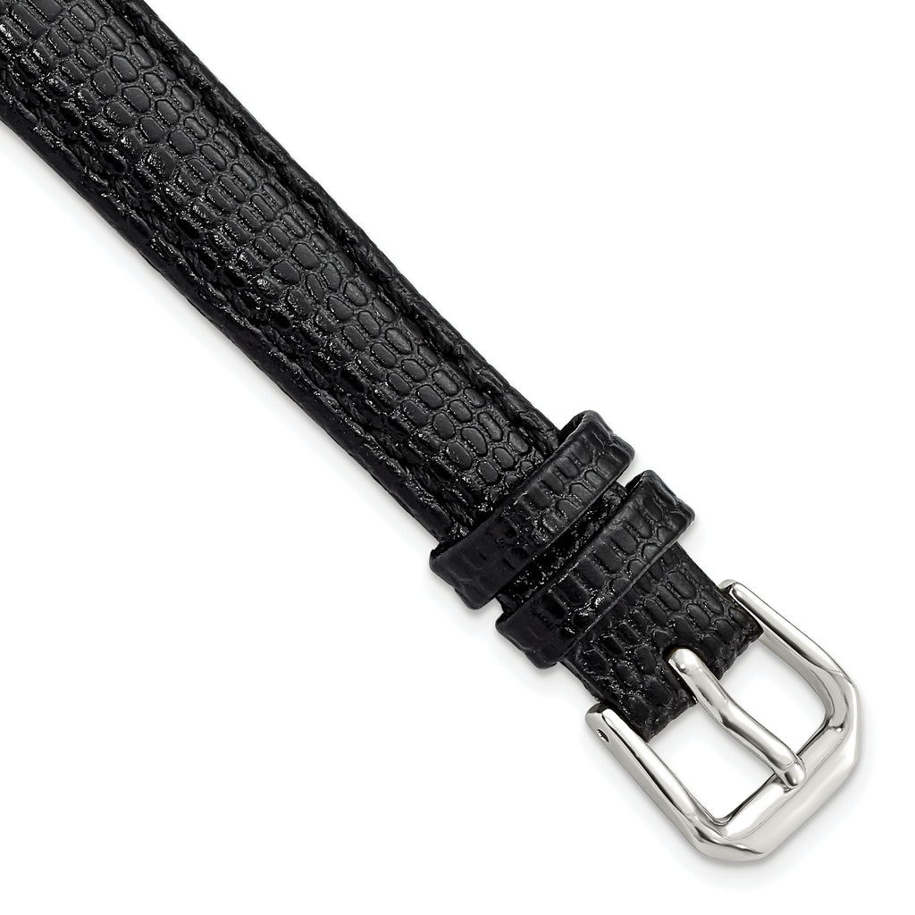 12mm Black Lizard Grain Leather with Silver-tone Buckle 6.75 inch Watch Band