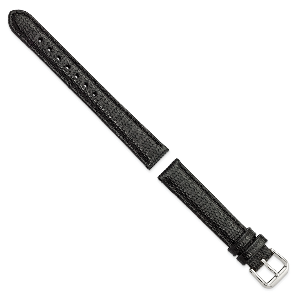 DeBeer 15mm Black Lizard Grain Leather with Silver-tone Buckle 7.5 inch Watch Band