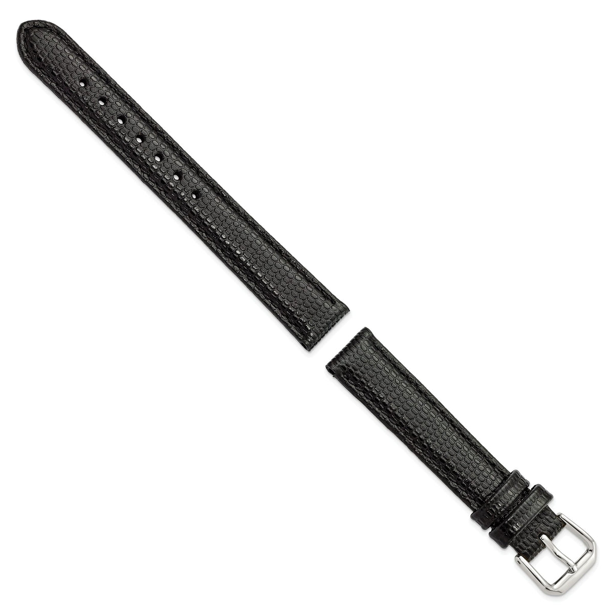 DeBeer 15mm Black Lizard Grain Leather with Silver-tone Buckle 7.5 inch Watch Band
