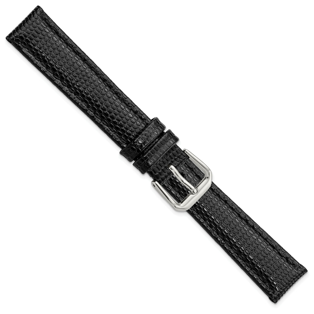 DeBeer 16mm Black Lizard Grain Leather with Silver-tone Buckle 7.5 inch Watch Band