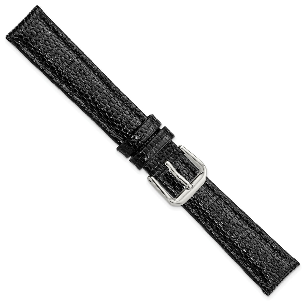 DeBeer 16mm Black Lizard Grain Leather with Silver-tone Buckle 7.5 inch Watch Band