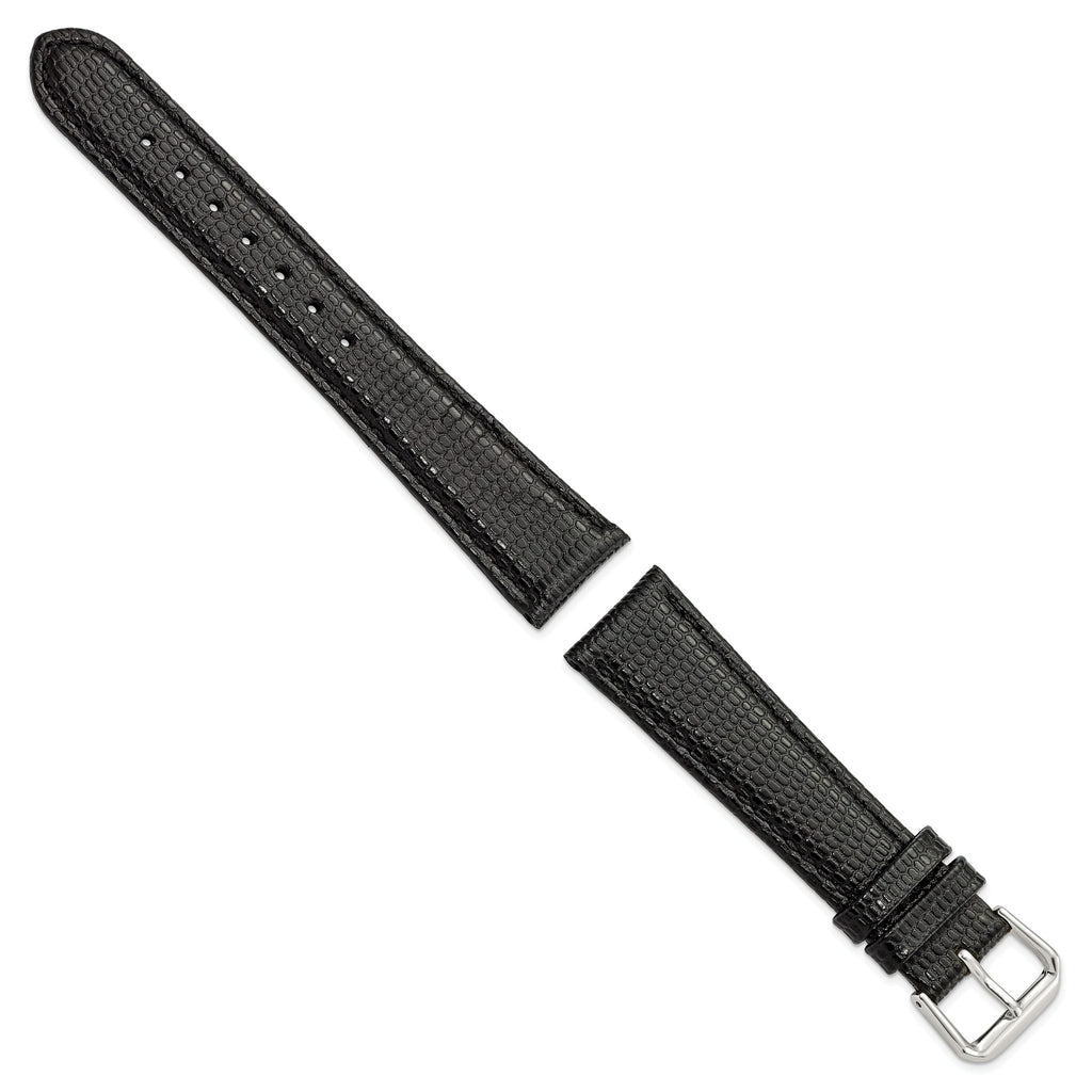 DeBeer 19mm Black Lizard Grain Leather with Silver-tone Buckle 7.5 inch Watch Band