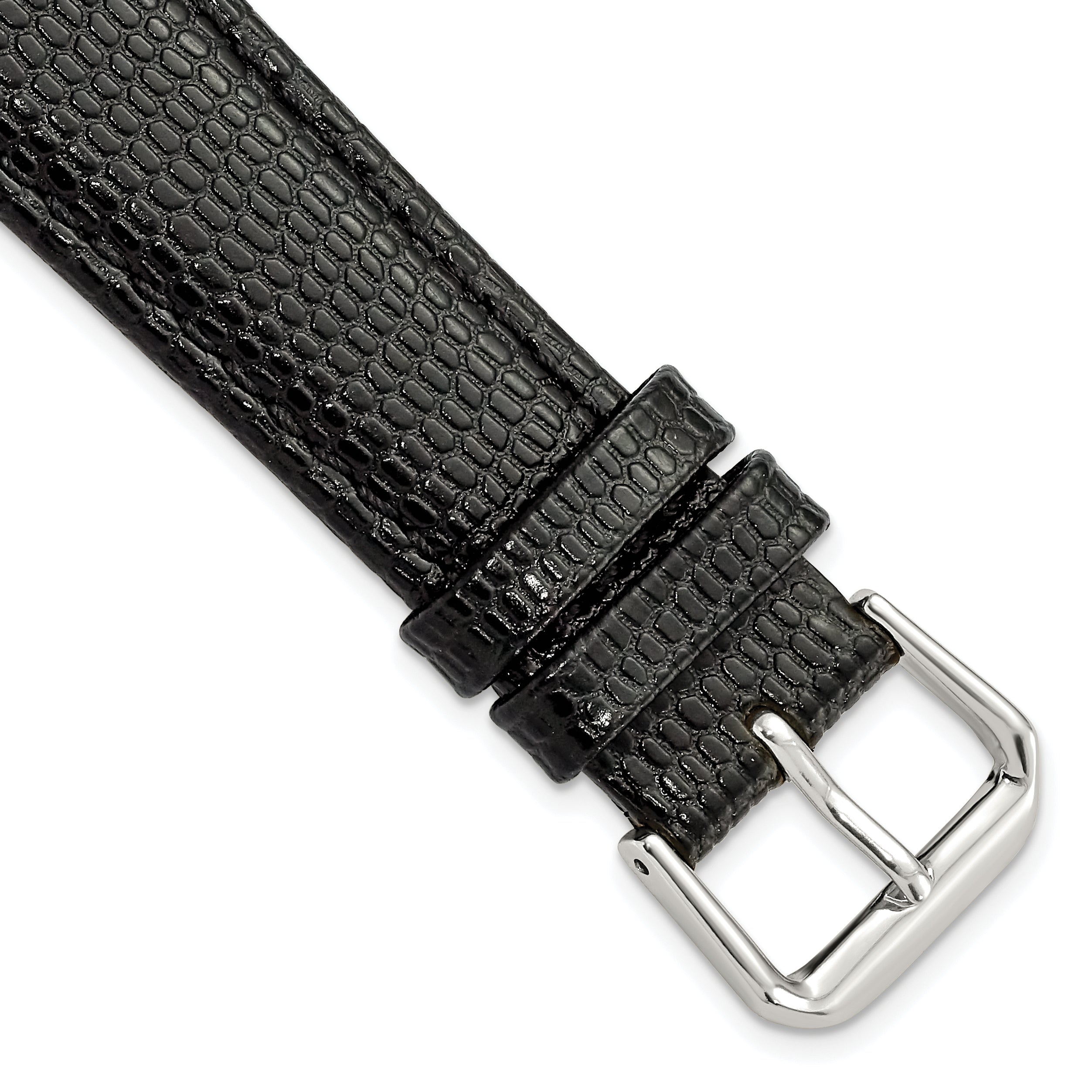 19mm Black Lizard Grain Leather with Silver-tone Buckle 7.5 inch Watch Band