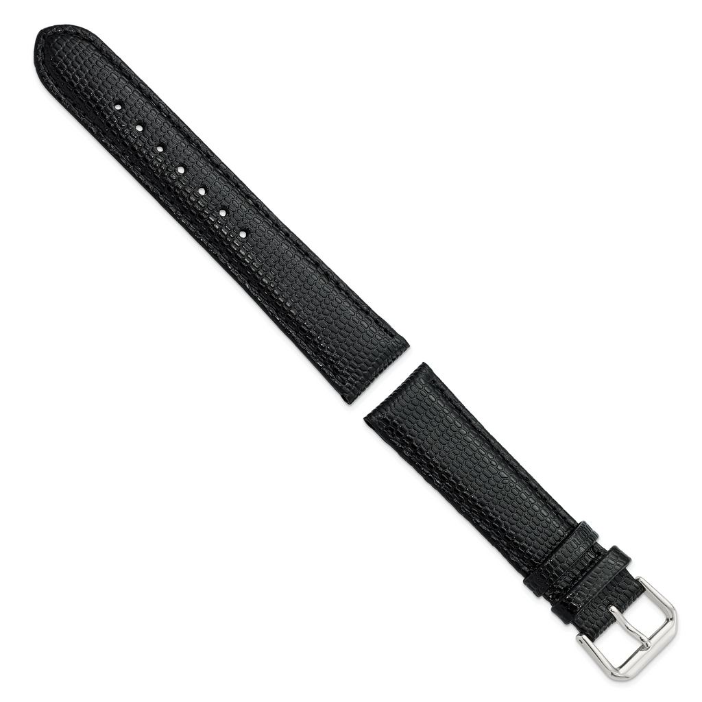 DeBeer 20mm Black Lizard Grain Leather with Silver-tone Buckle 7.5 inch Watch Band