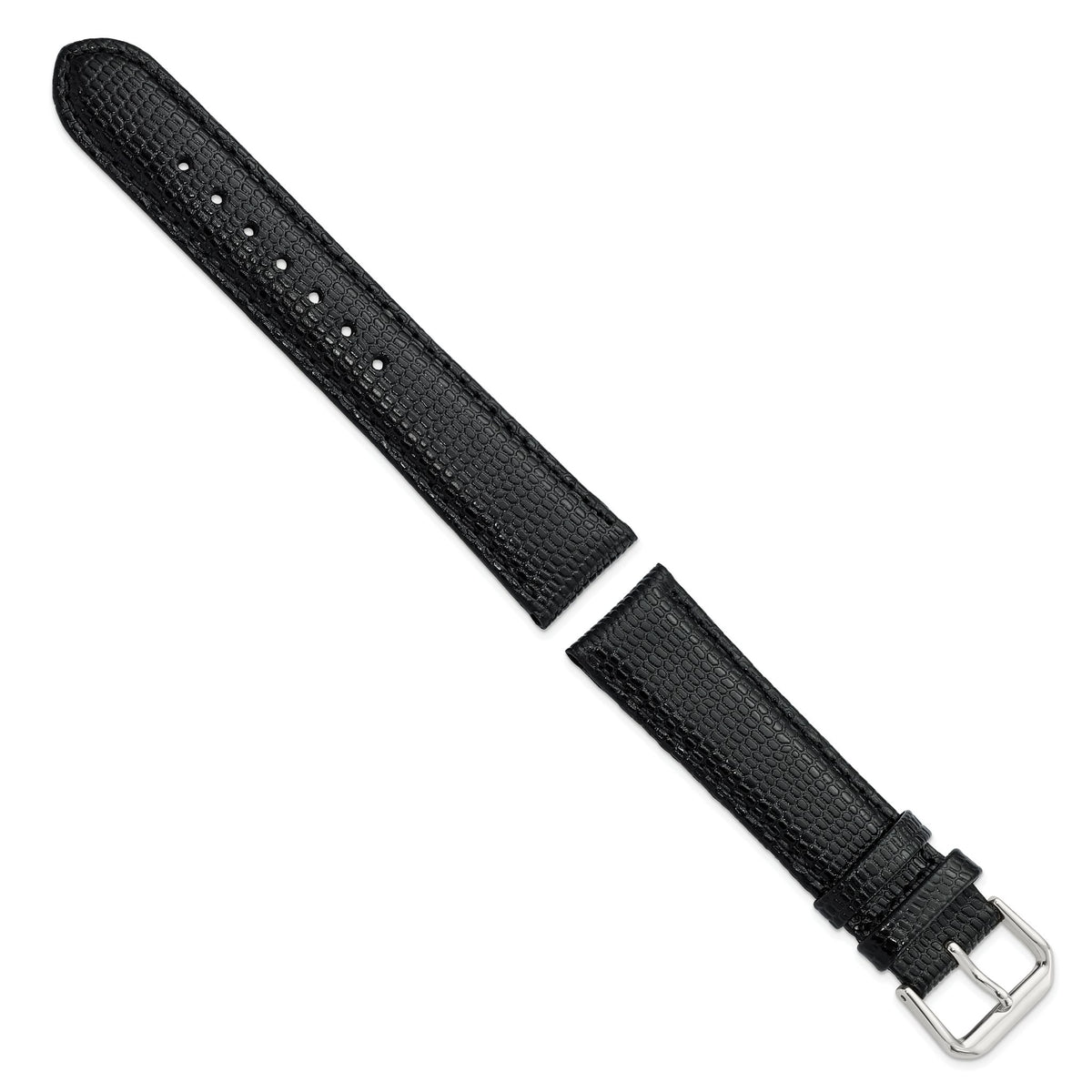 DeBeer 20mm Black Lizard Grain Leather with Silver-tone Buckle 7.5 inch Watch Band