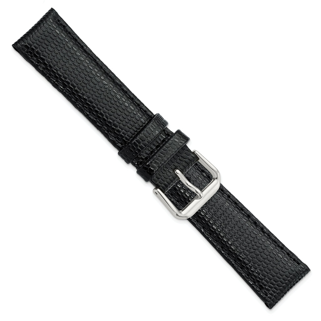 DeBeer 20mm Black Lizard Grain Leather with Silver-tone Buckle 7.5 inch Watch Band
