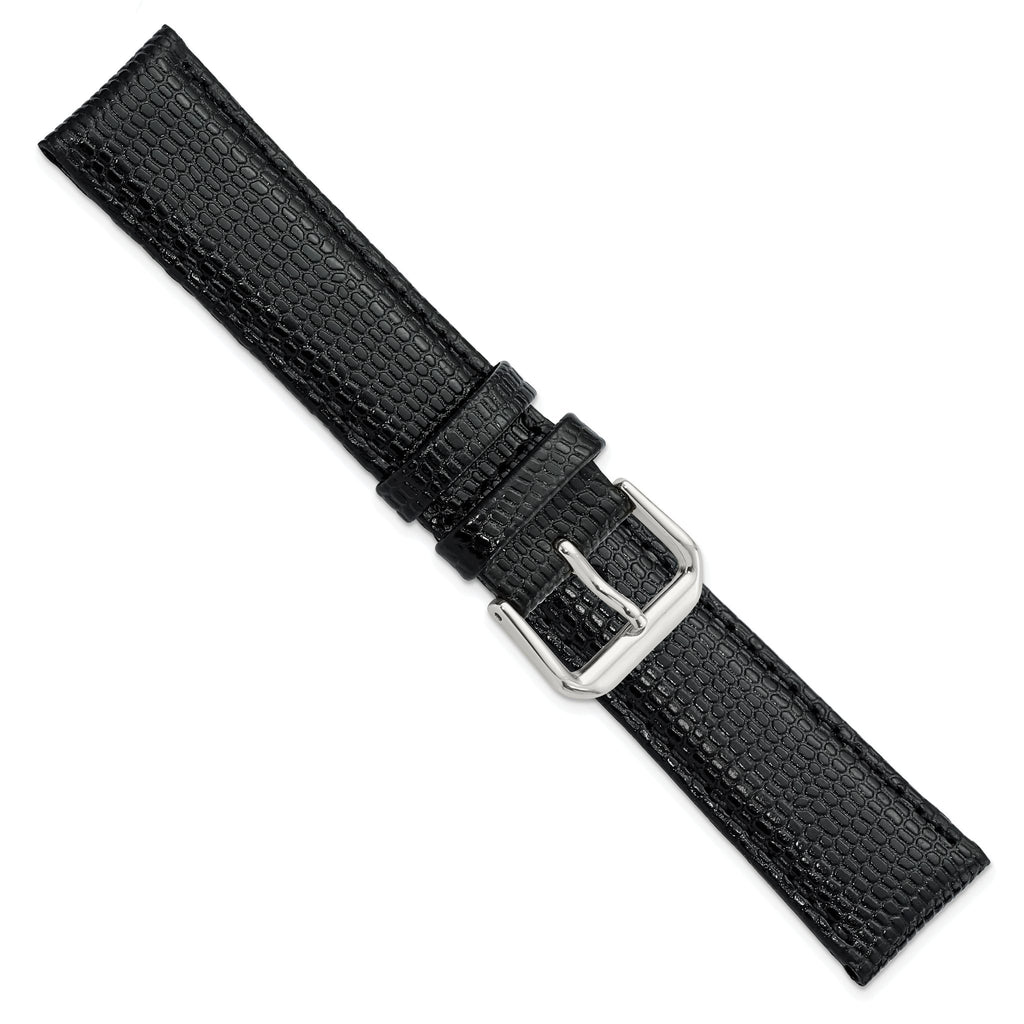 DeBeer 20mm Black Lizard Grain Leather with Silver-tone Buckle 7.5 inch Watch Band