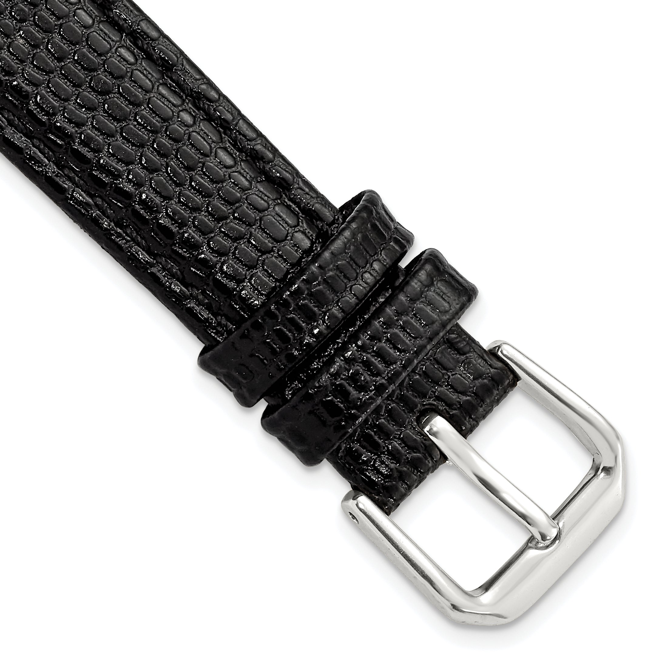 16mm Short Black Lizard Grain Leather with Silver-tone Buckle 6.75 inch Watch Band