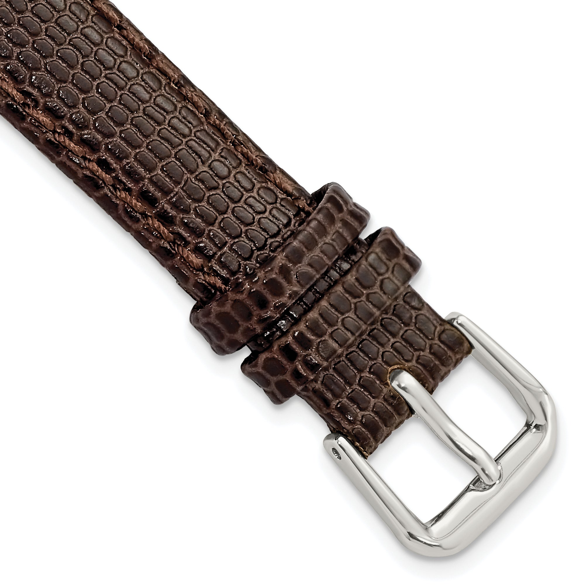 14mm Dark Brown Lizard Grain Leather with Silver-tone Buckle 6.75 inch Watch Band
