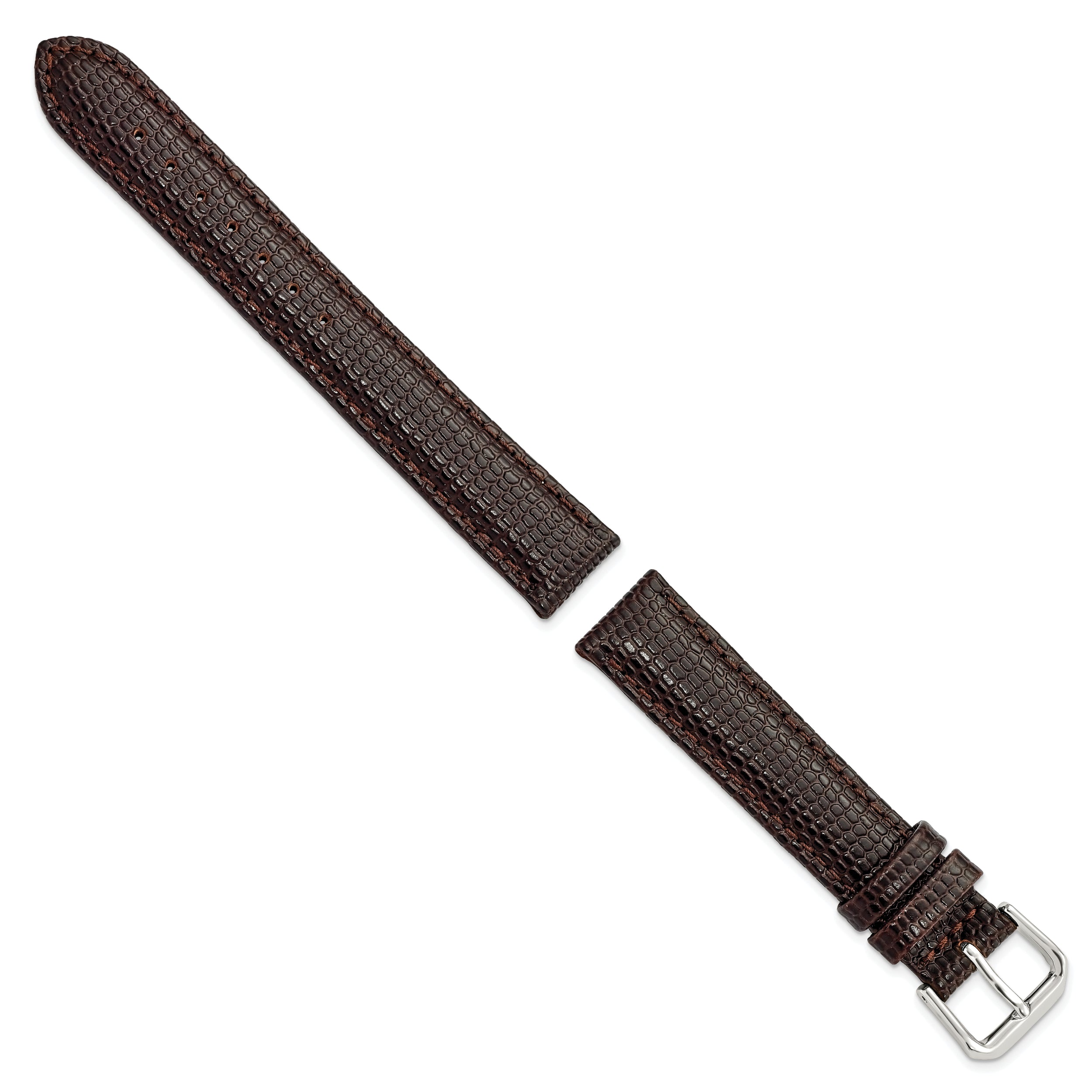 15mm Dark Brown Lizard Grain Leather with Silver-tone Buckle 7.5 inch Watch Band