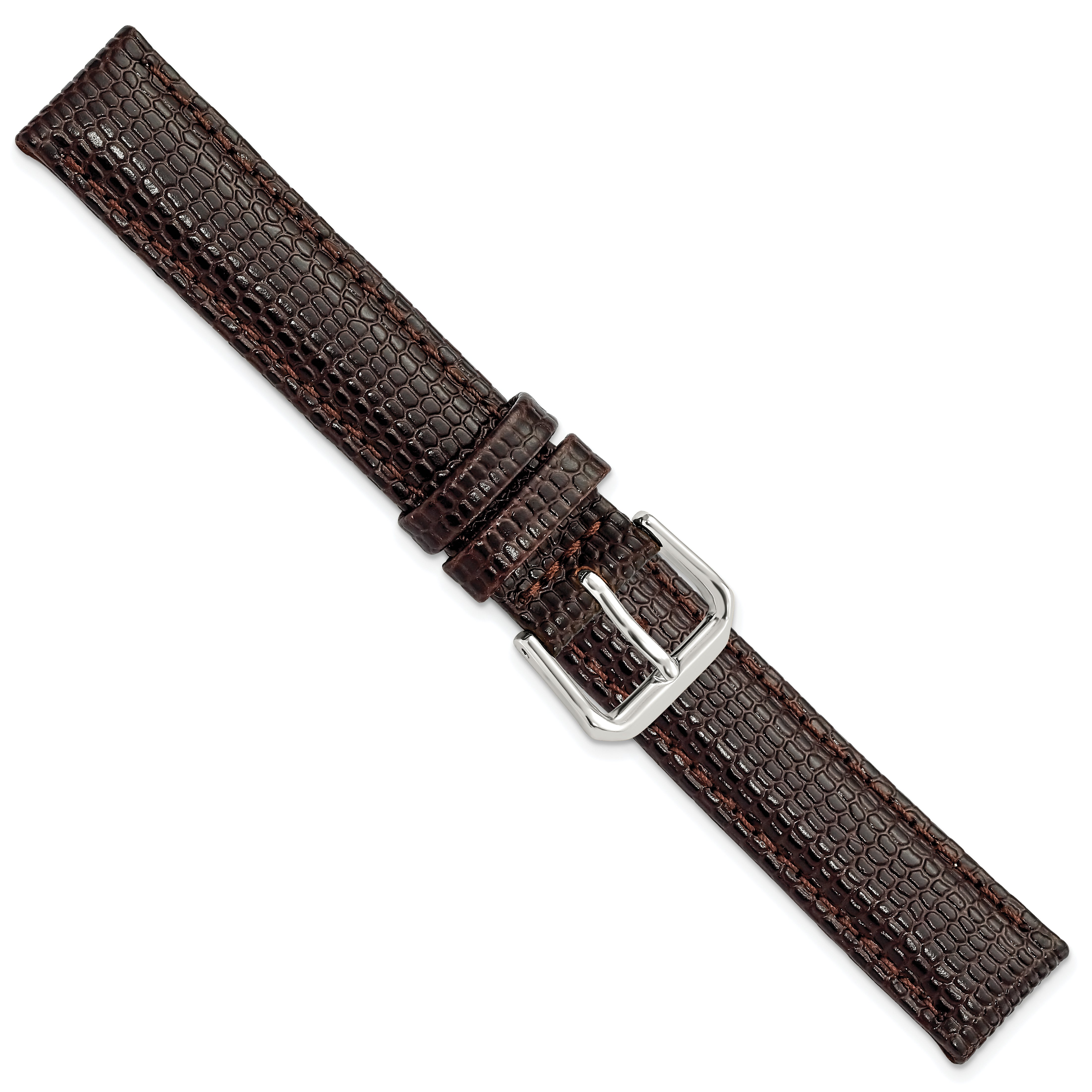 15mm Dark Brown Lizard Grain Leather with Silver-tone Buckle 7.5 inch Watch Band