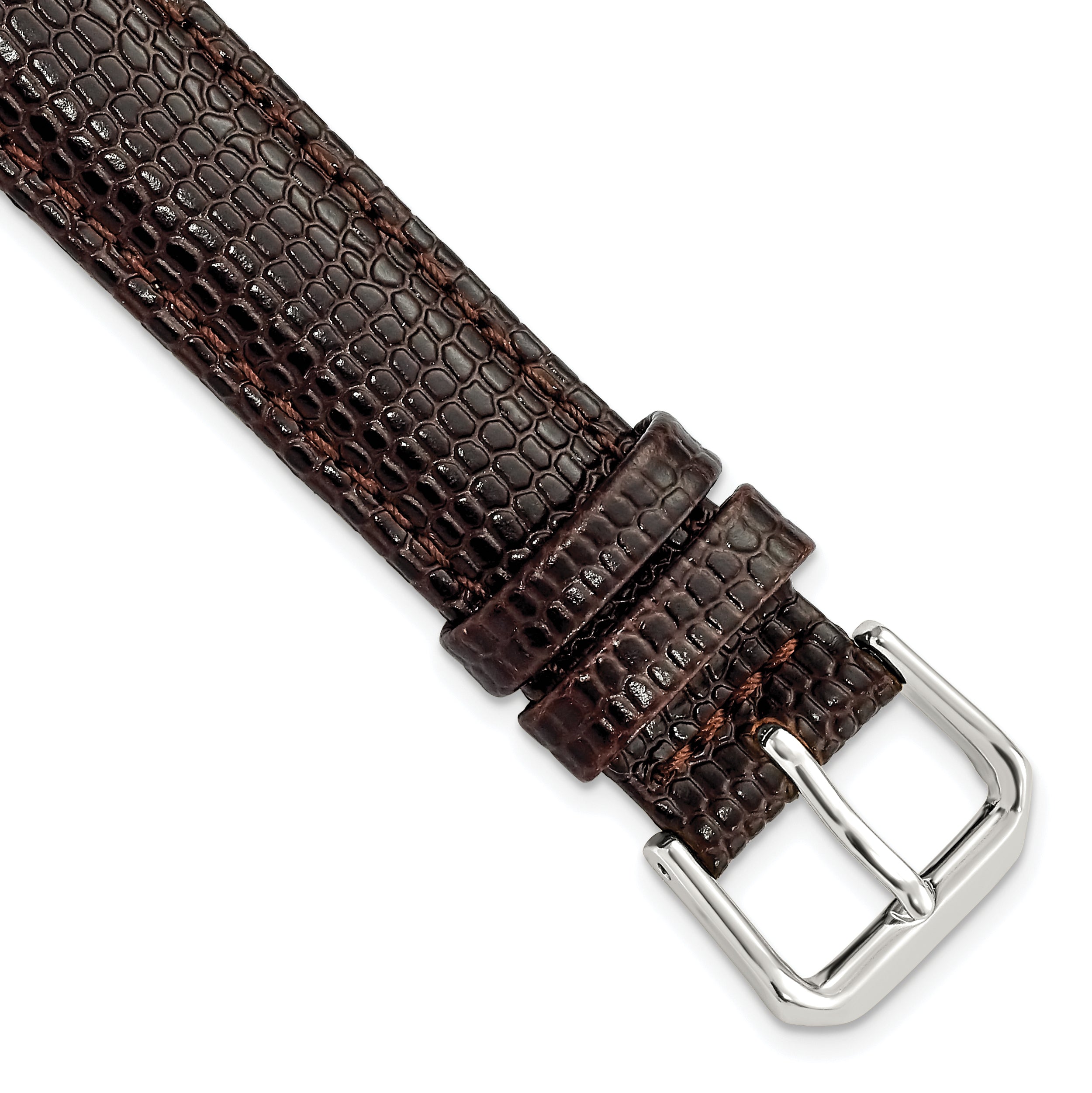 15mm Dark Brown Lizard Grain Leather with Silver-tone Buckle 7.5 inch Watch Band