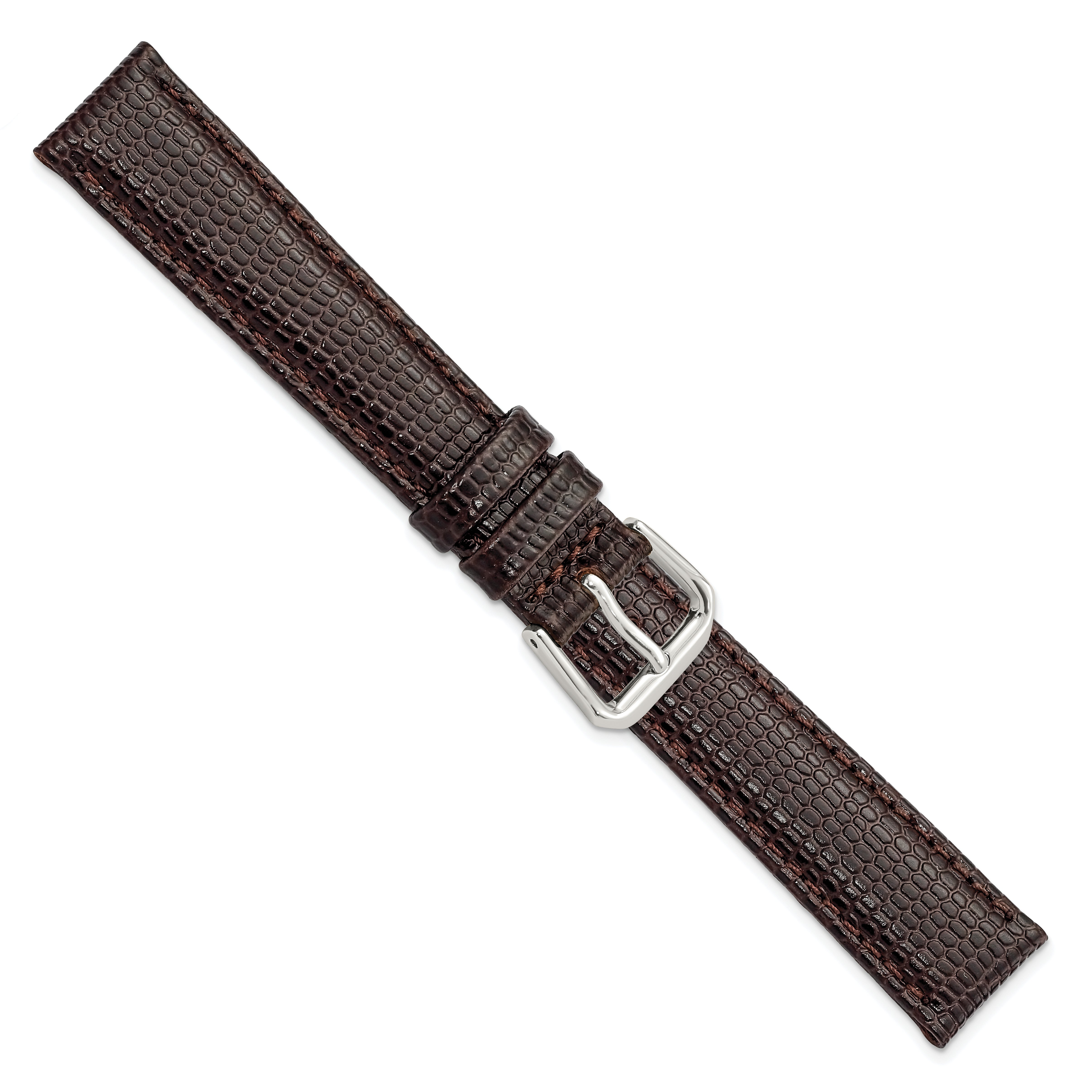 16mm Dark Brown Lizard Grain Leather with Silver-tone Buckle 7.5 inch Watch Band
