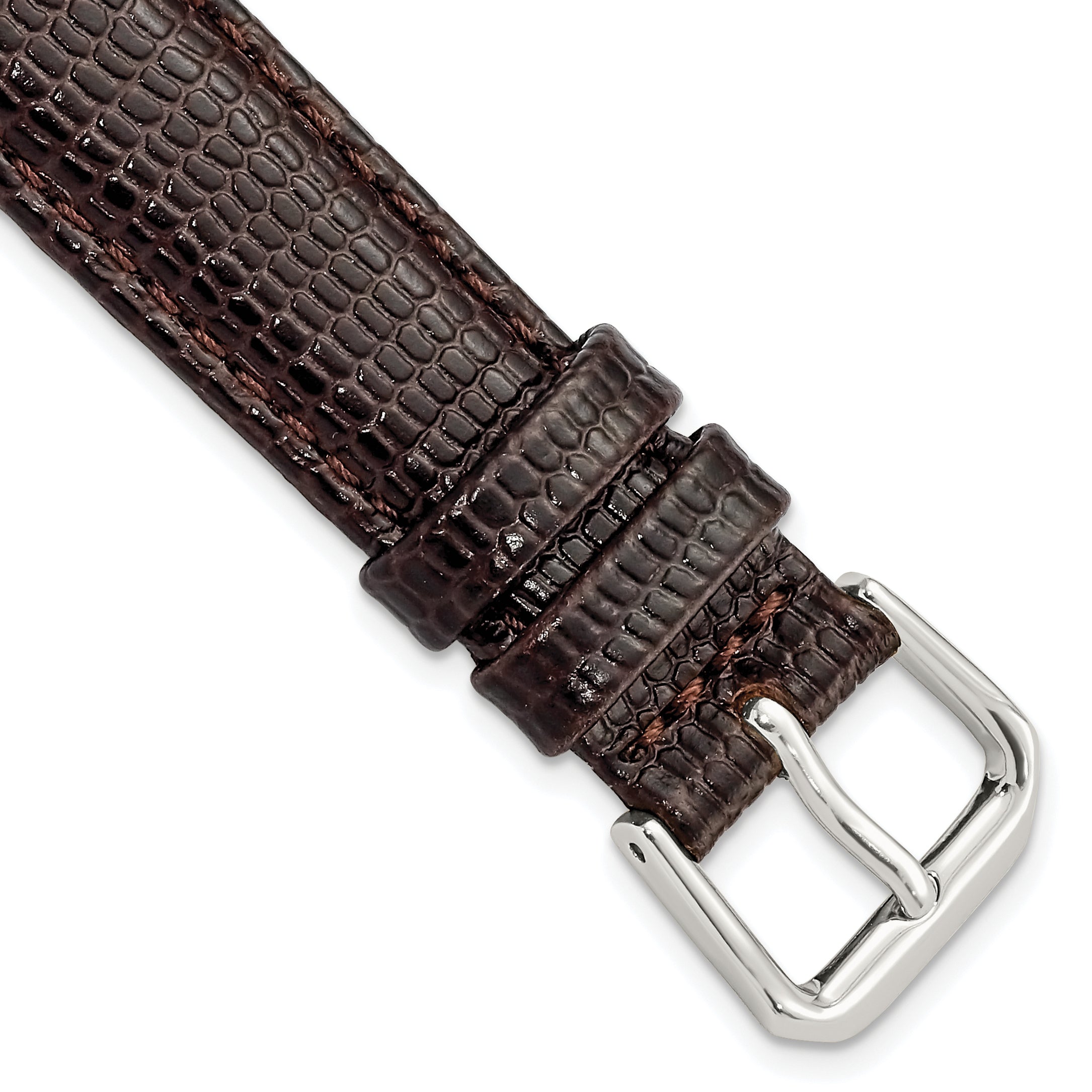 16mm Dark Brown Lizard Grain Leather with Silver-tone Buckle 7.5 inch Watch Band