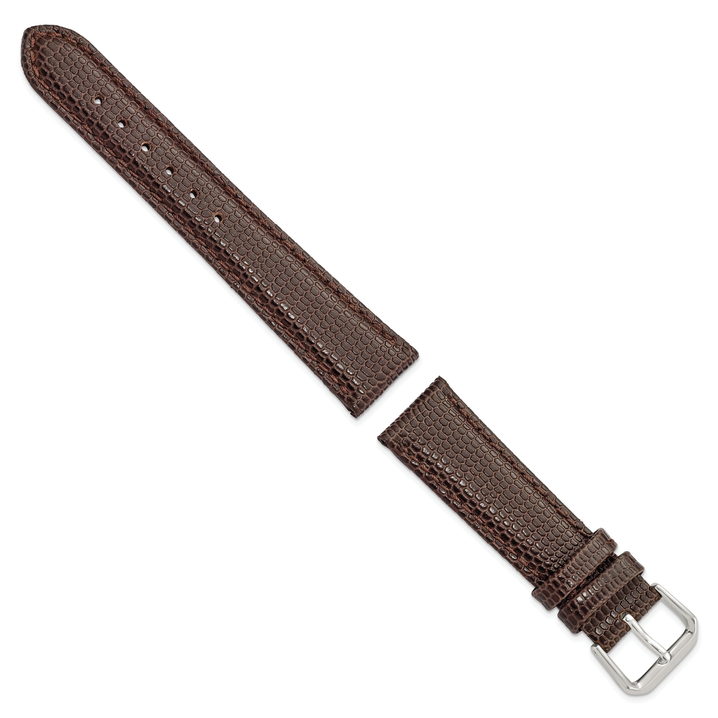 18mm Short Dark Brown Lizard Grain Leather with Silver-tone Buckle 6.75 inch Watch Band
