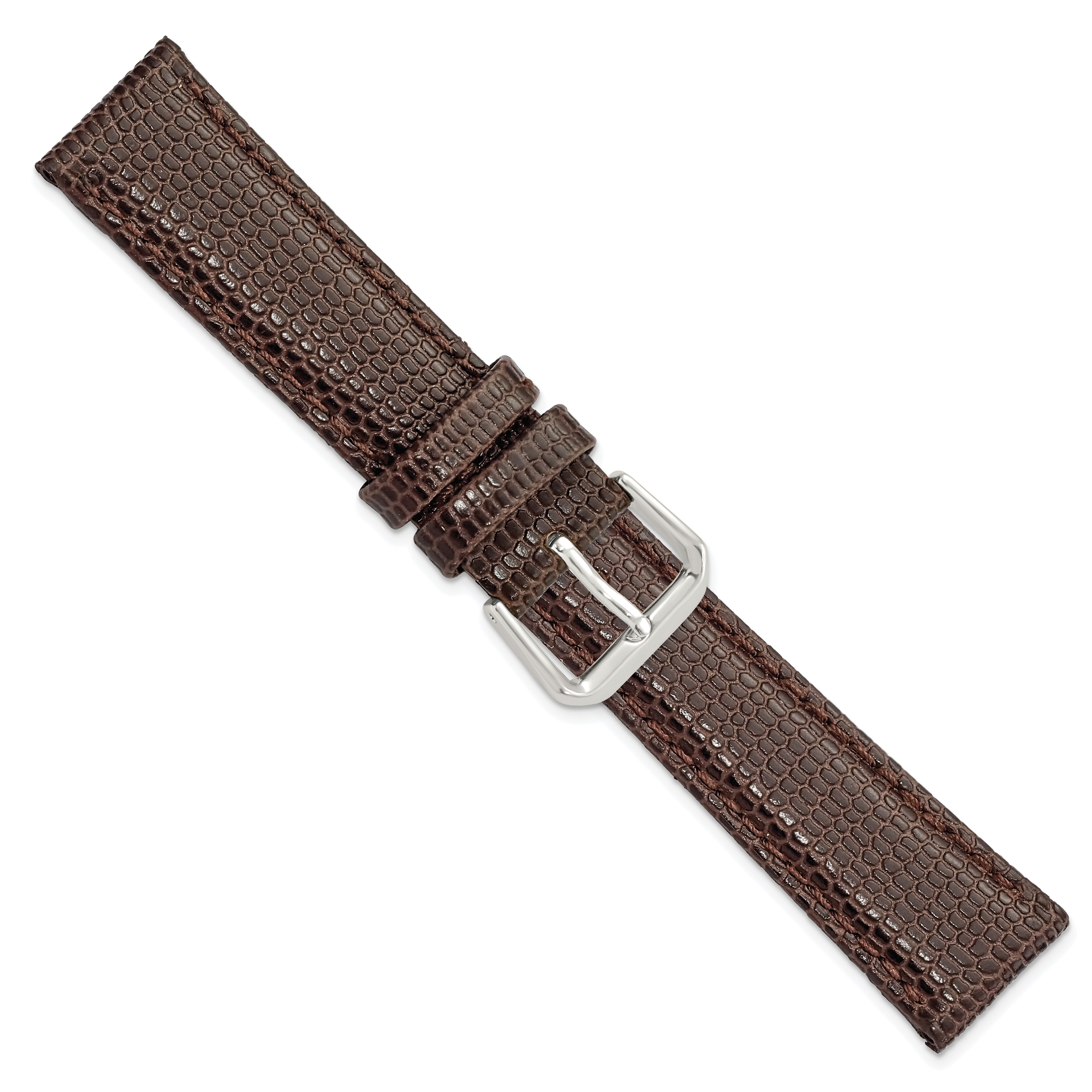 18mm Short Dark Brown Lizard Grain Leather with Silver-tone Buckle 6.75 inch Watch Band