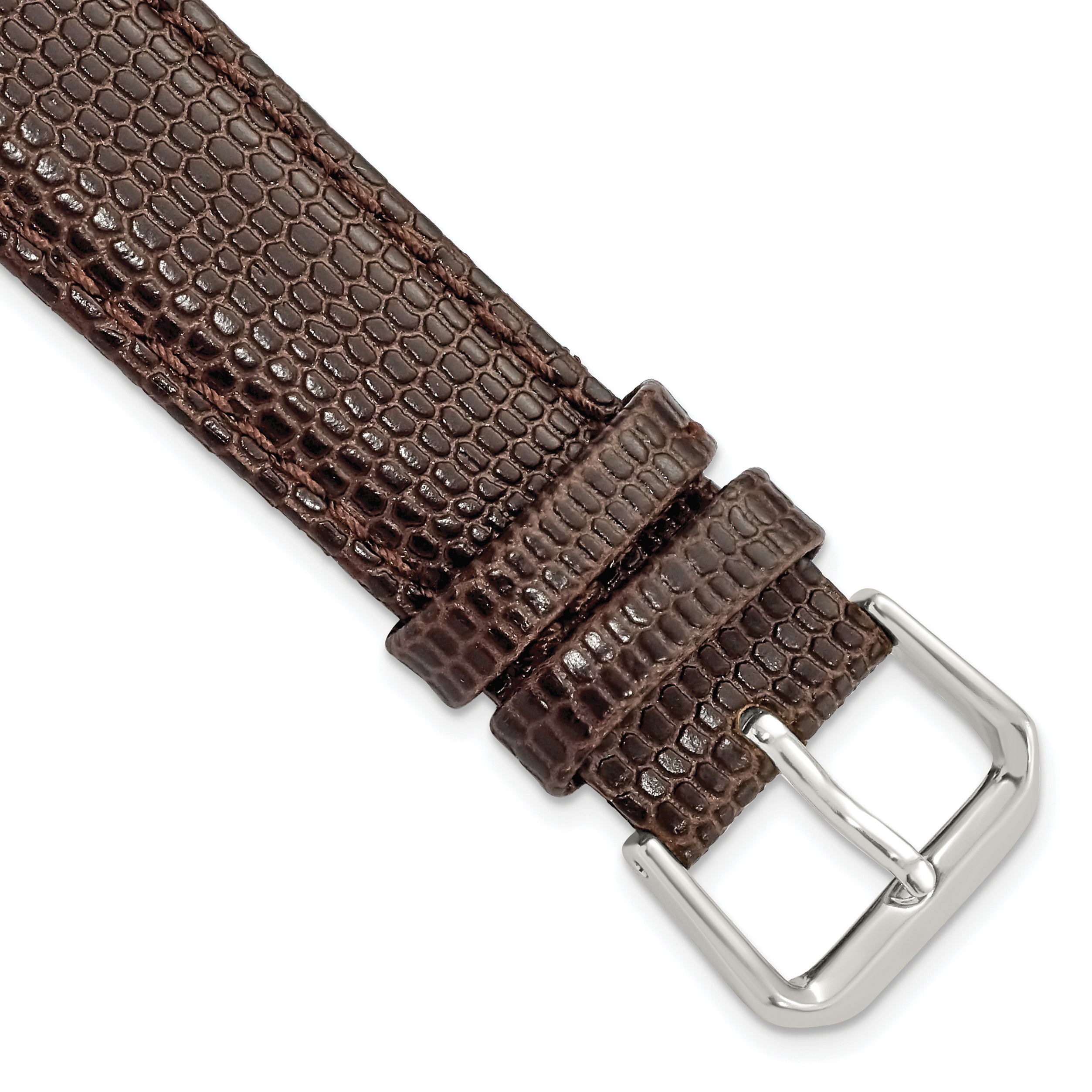 18mm Short Dark Brown Lizard Grain Leather with Silver-tone Buckle 6.75 inch Watch Band