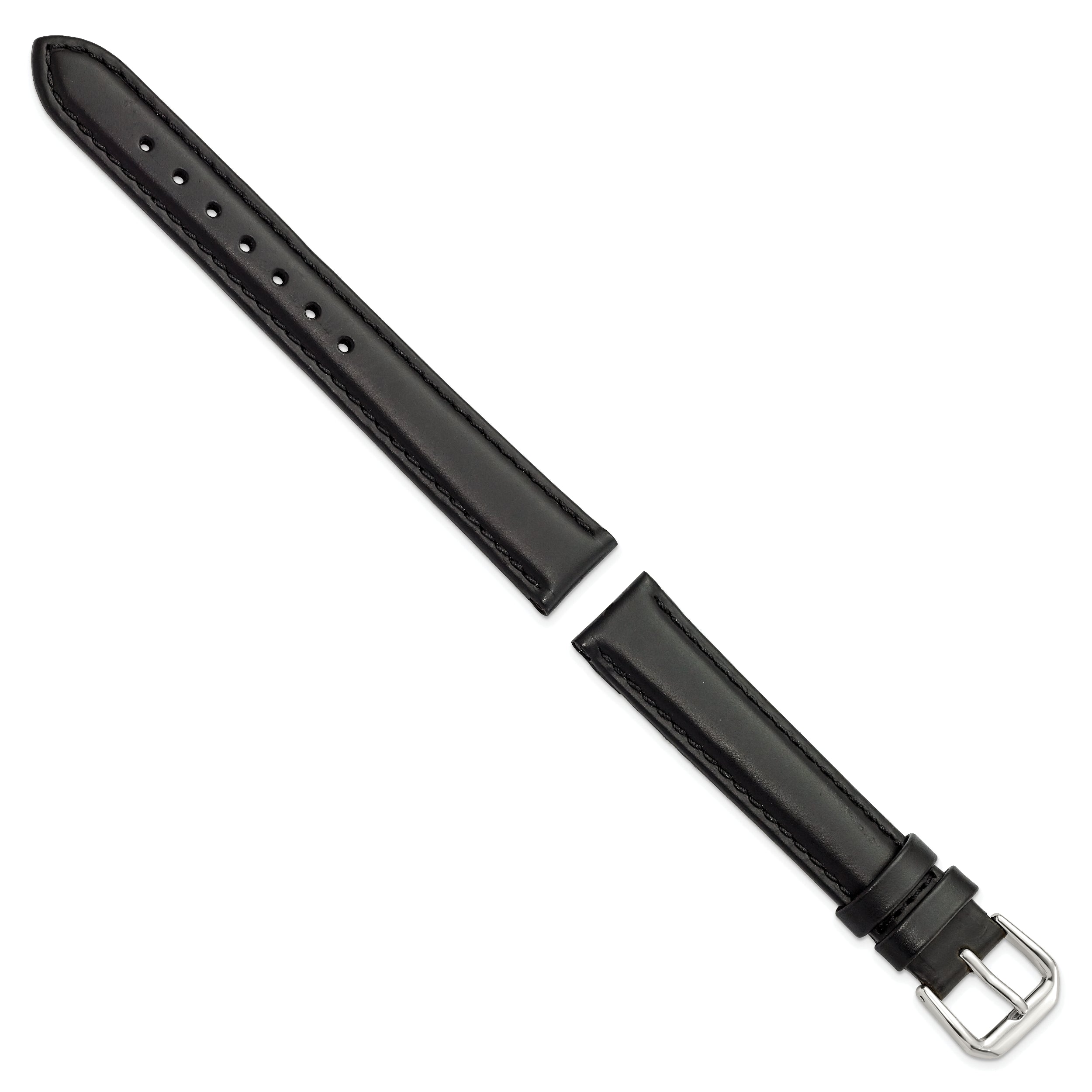 15mm Black Leather with Silver-tone Buckle 7.5 inch Watch Band