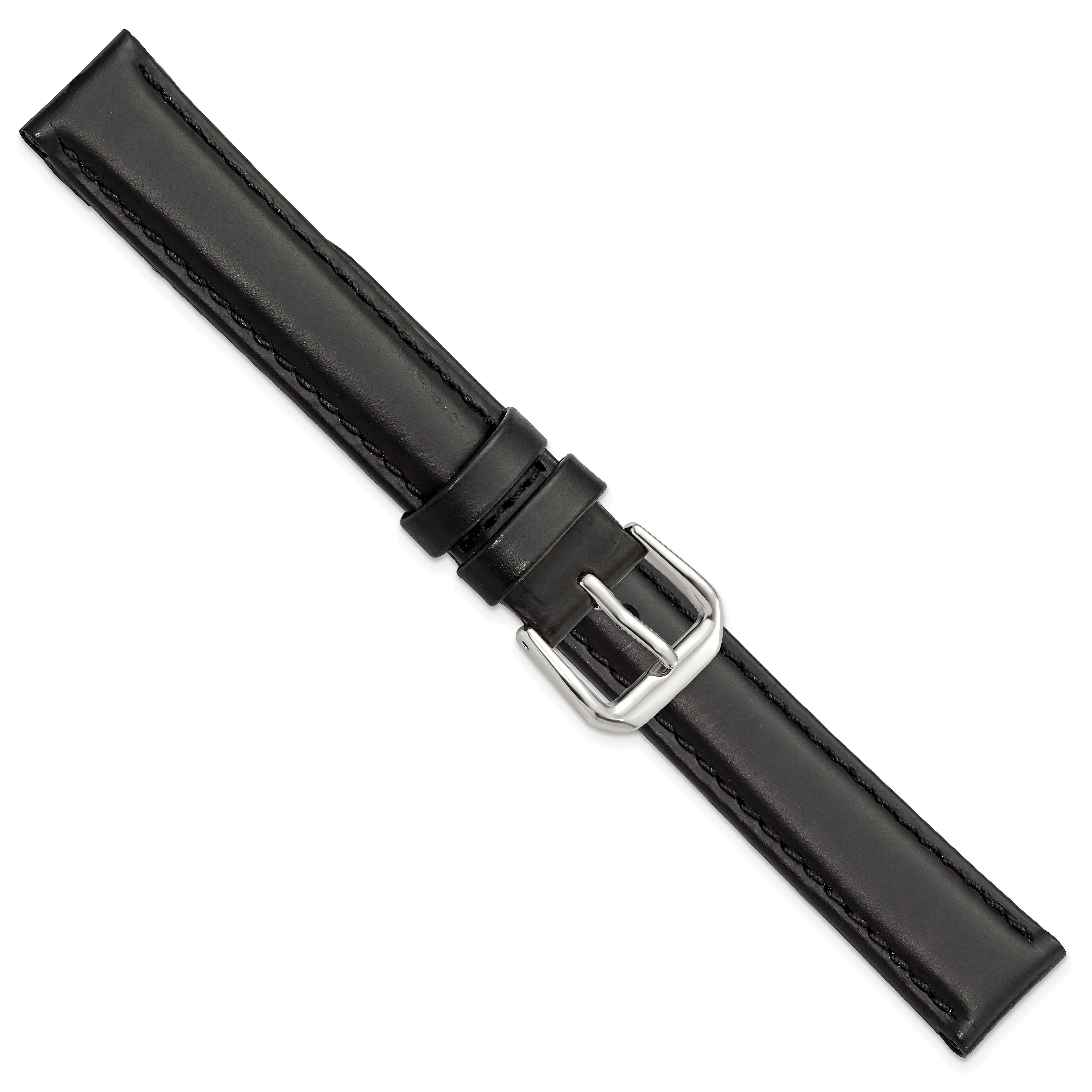 15mm Black Leather with Silver-tone Buckle 7.5 inch Watch Band