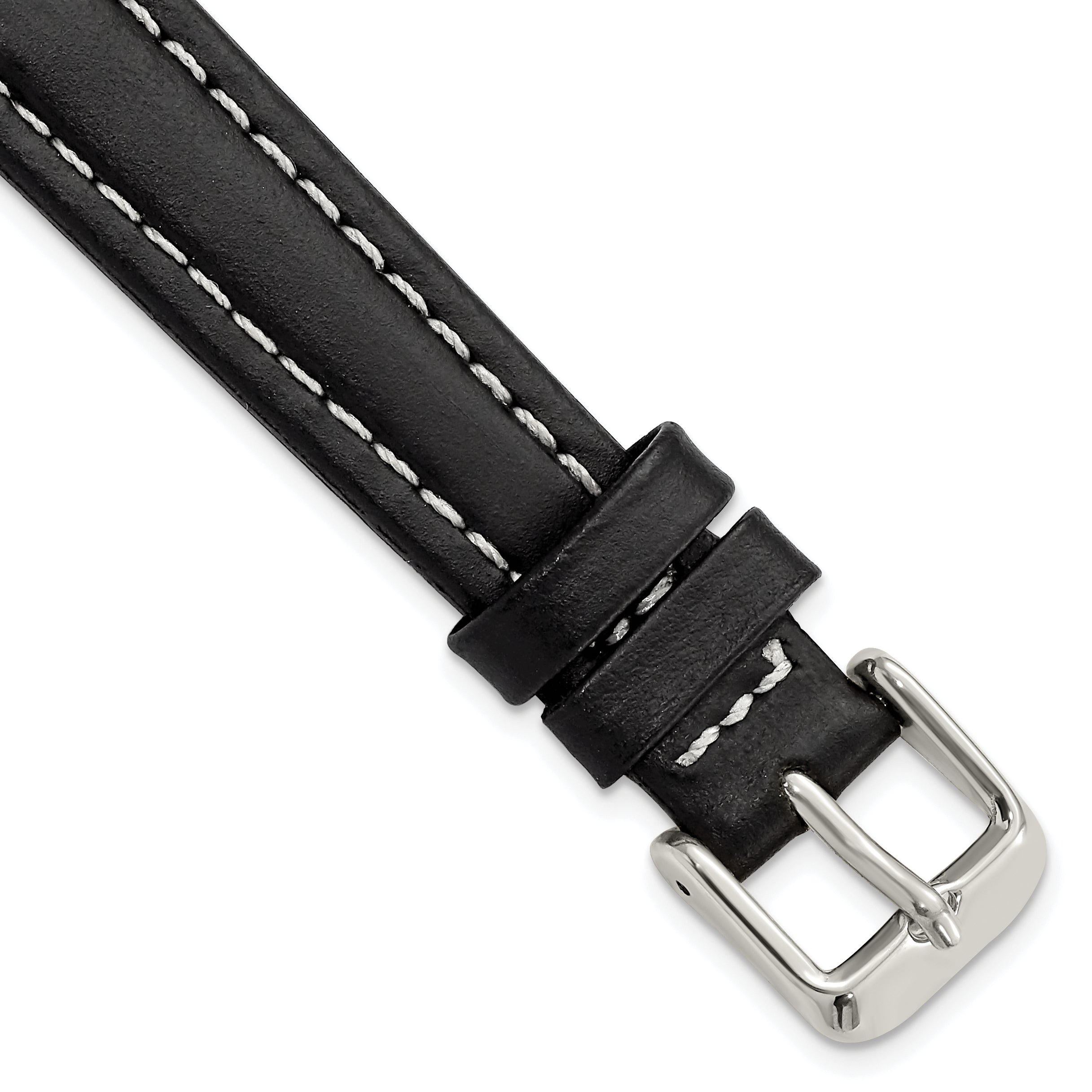 14mm Black Oil-tanned Leather with White Stitching and Silver-tone Buckle 7 inch Watch Band Main image