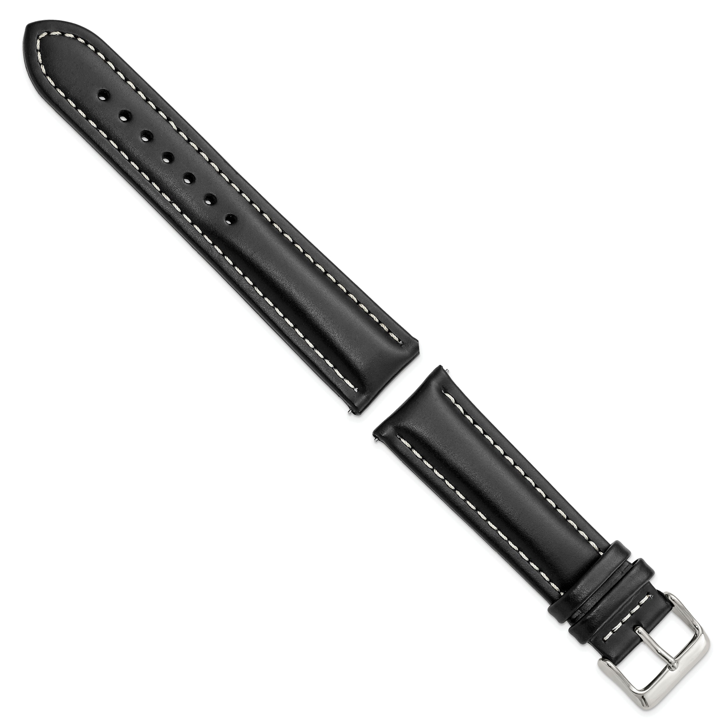 22mm Black Oil-tanned Leather with White Stitching and Silver-tone Buckle 7.5 inch Watch Band