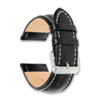 Black Genuine Leather Watch Band with White Stitching and Silver-Tone Buckle 18mm
