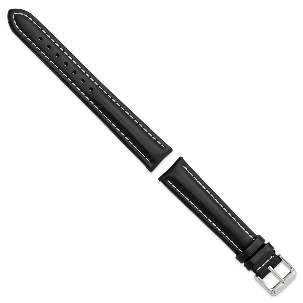 Black Genuine Leather Watch Band with White Stitching and Silver-Tone Buckle 18mm