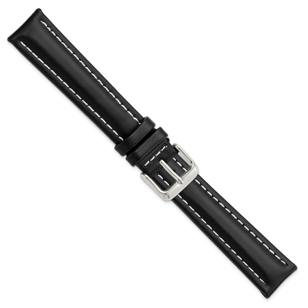 Black Genuine Leather Watch Band with White Stitching and Silver-Tone Buckle 18mm