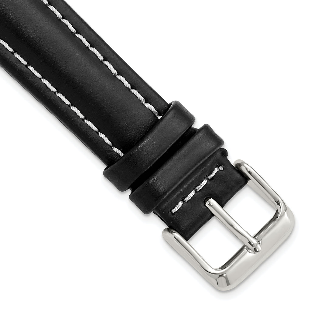 Black Genuine Leather Watch Band with White Stitching and Silver-Tone Buckle 18mm