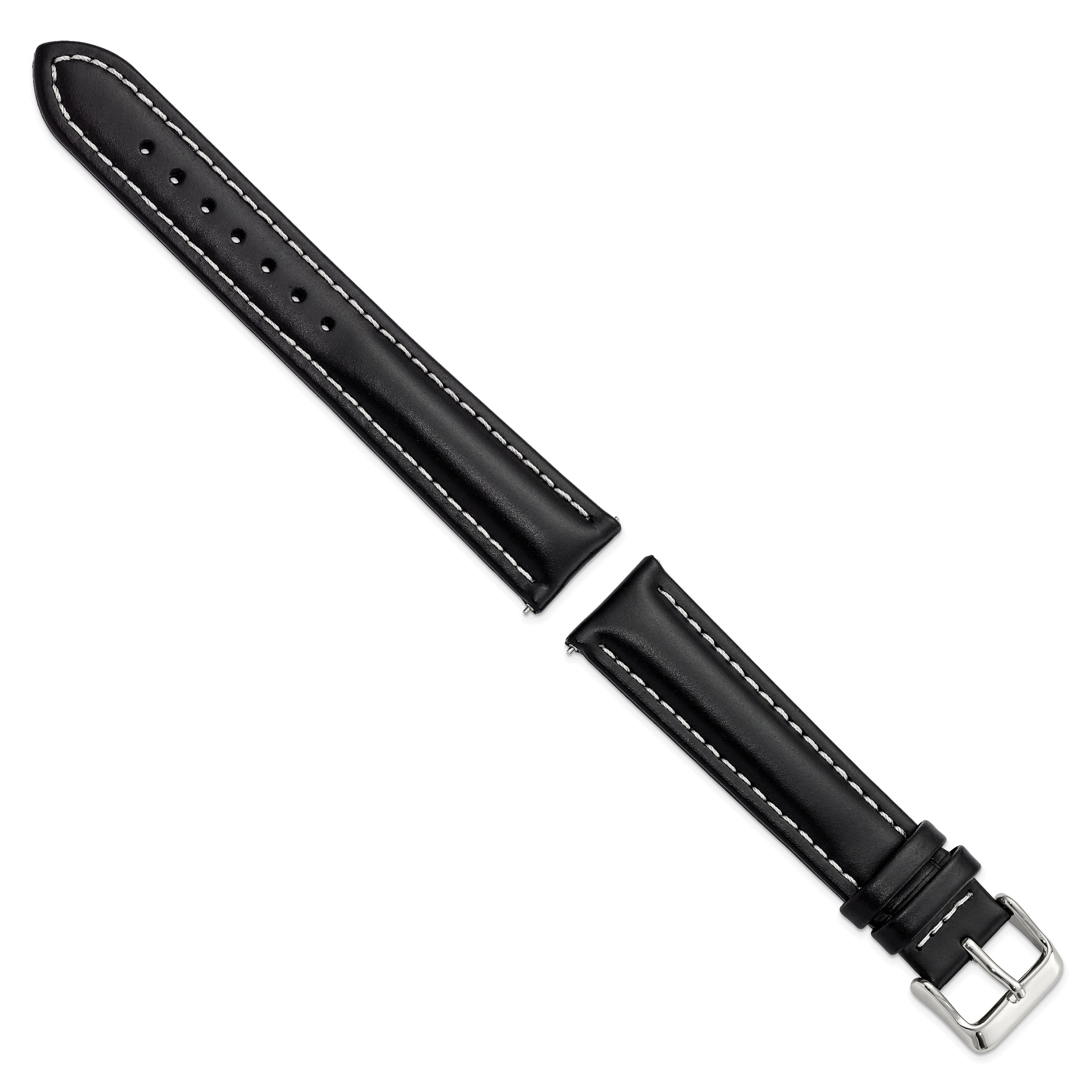 20mm Long Black Oil-tanned Leather with White Stitching and Silver-tone Buckle 8.25 inch Watch Band