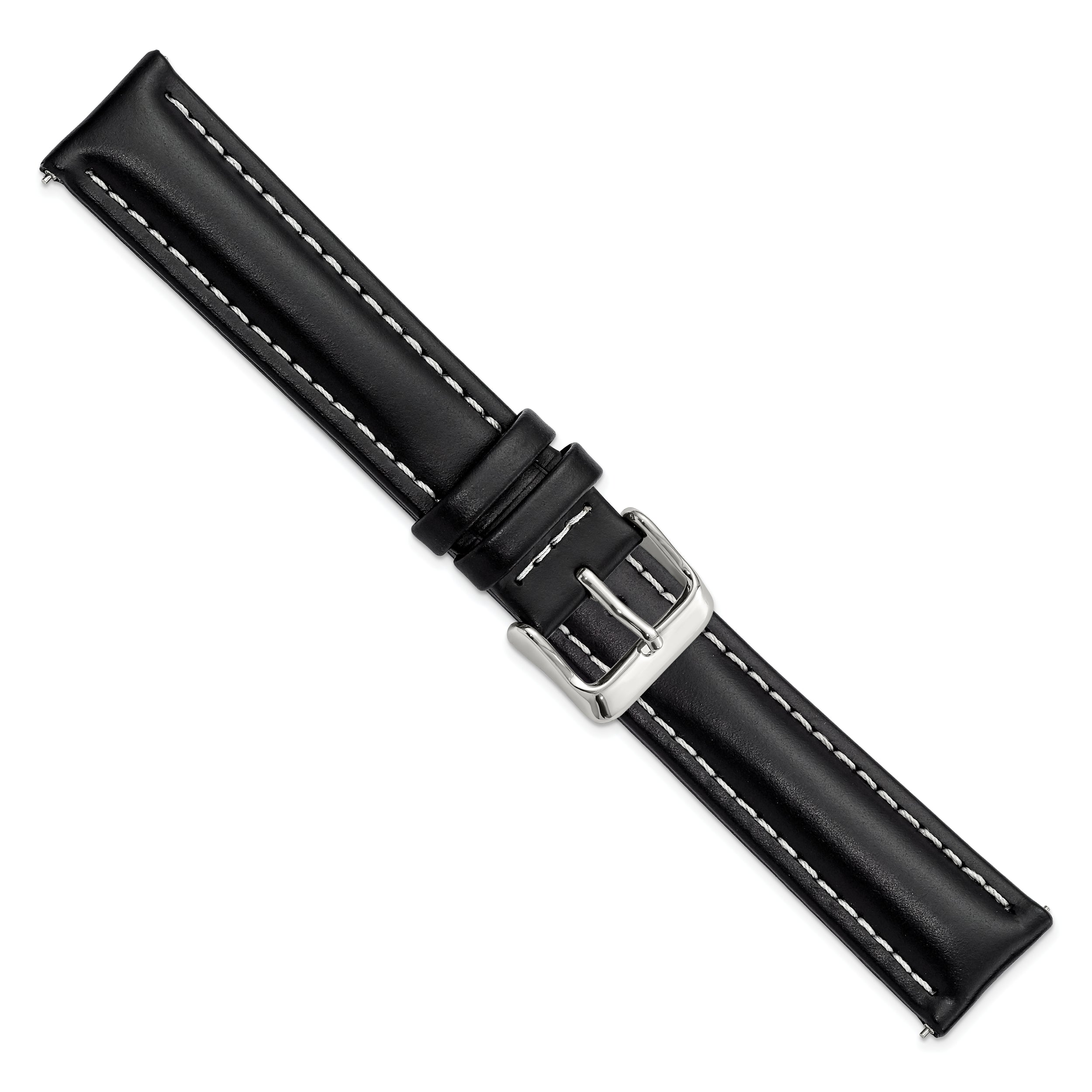 20mm Long Black Oil-tanned Leather with White Stitching and Silver-tone Buckle 8.25 inch Watch Band