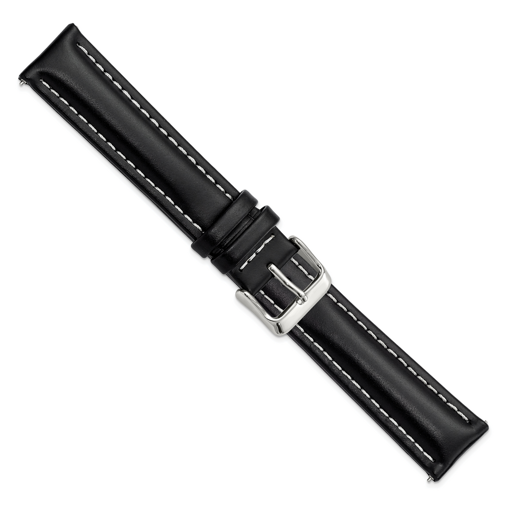 20mm Long Black Oil-tanned Leather with White Stitching and Silver-tone Buckle 8.25 inch Watch Band - Sophia Jewelers