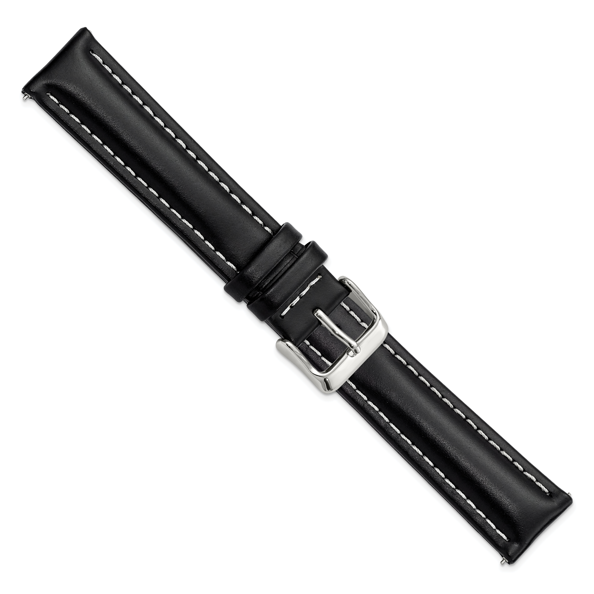 20mm Long Black Oil-tanned Leather with White Stitching and Silver-tone Buckle 8.25 inch Watch Band - Sophia Jewelers