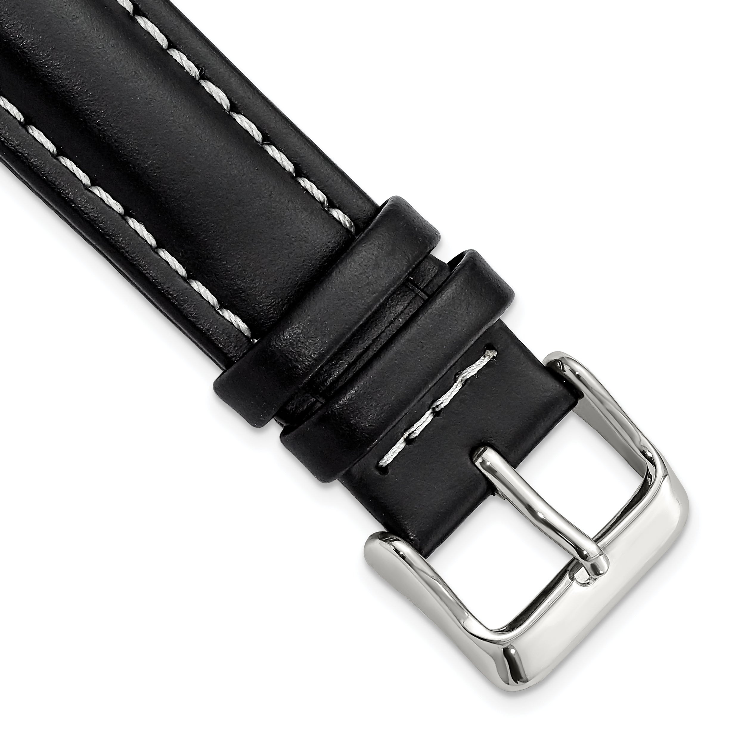 20mm Long Black Oil-tanned Leather with White Stitching and Silver-tone Buckle 8.25 inch Watch Band - Sophia Jewelers
