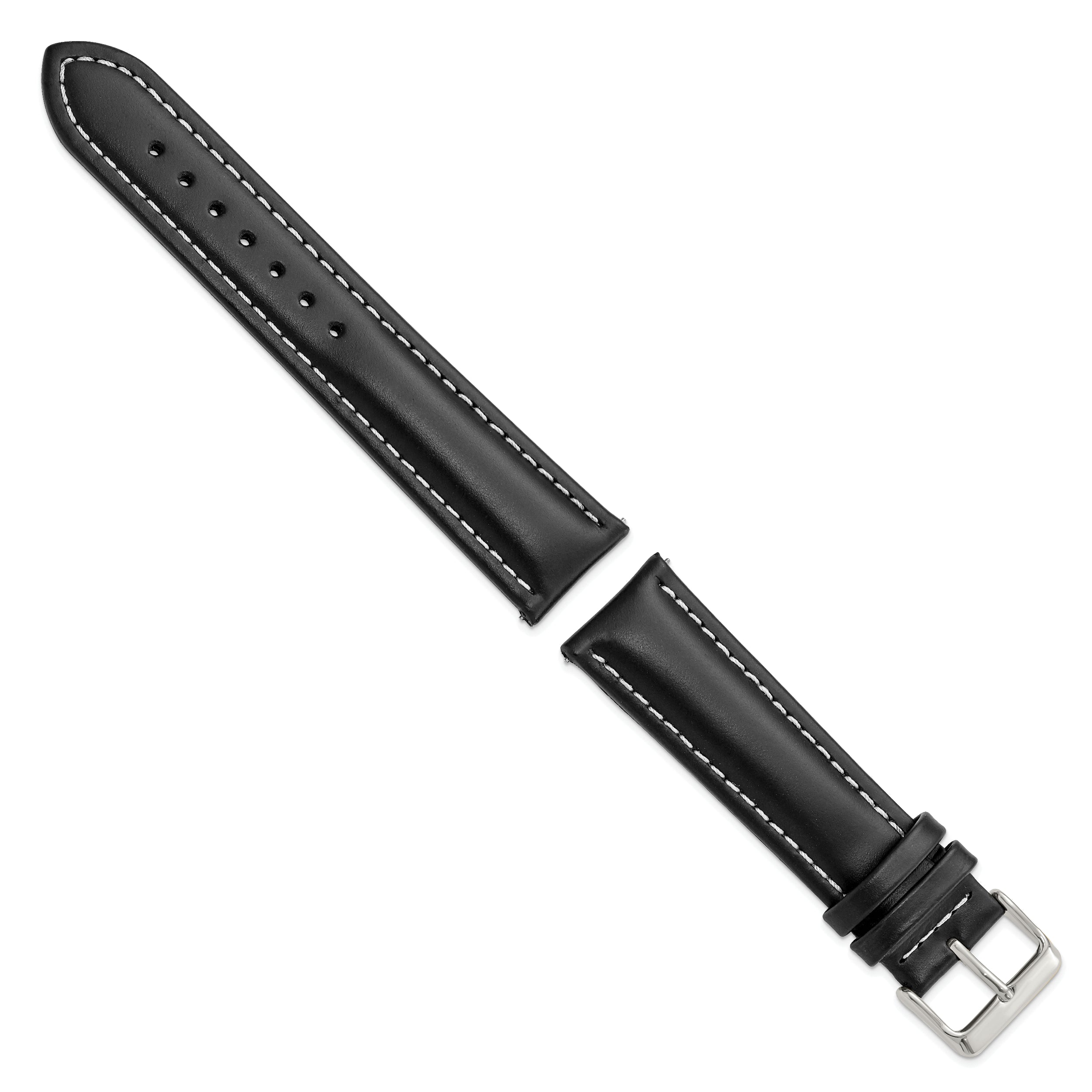 22mm Long Black Oil-tanned Leather with White Stitching and Silver-tone Buckle 8.25 inch Watch Band