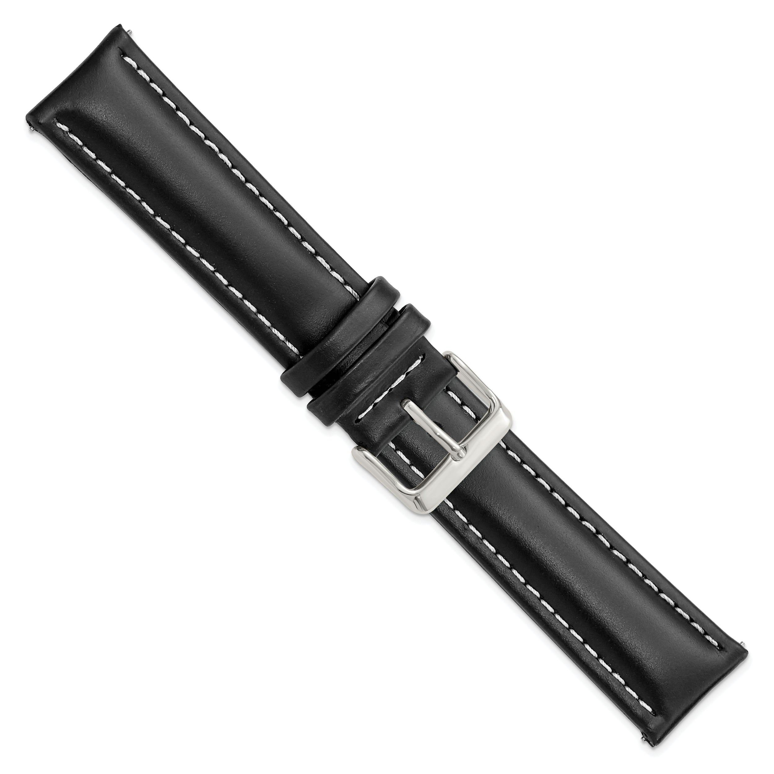 22mm Long Black Oil-tanned Leather with White Stitching and Silver-tone Buckle 8.25 inch Watch Band