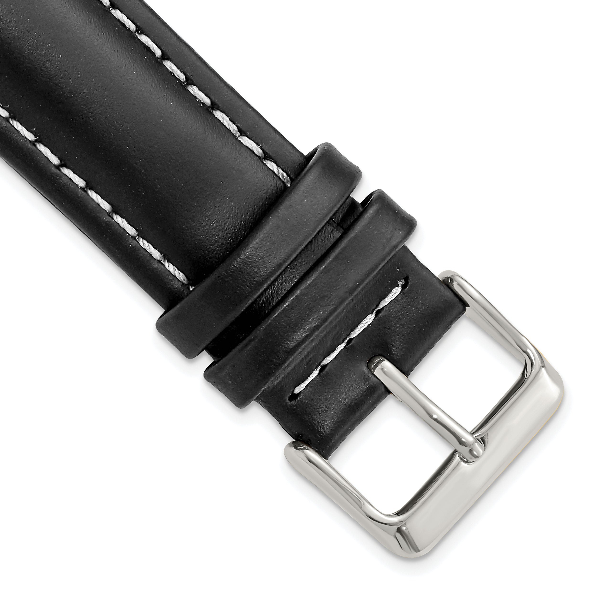 22mm Long Black Oil-tanned Leather with White Stitching and Silver-tone Buckle 8.25 inch Watch Band