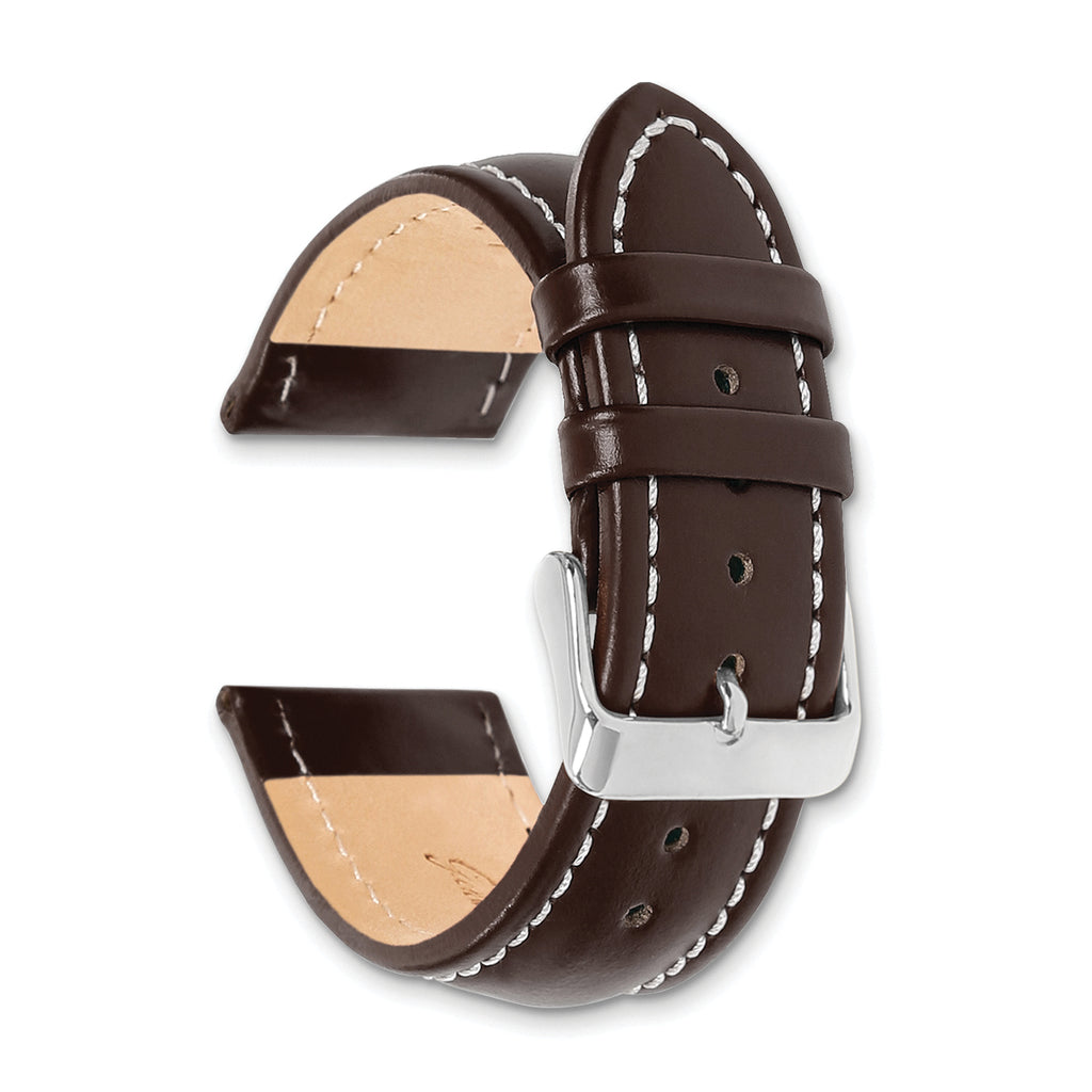 18mm Long Dark Brown Oil-tanned Leather with White Stitching and Silver-tone Buckle 8.25 inch Watch Band