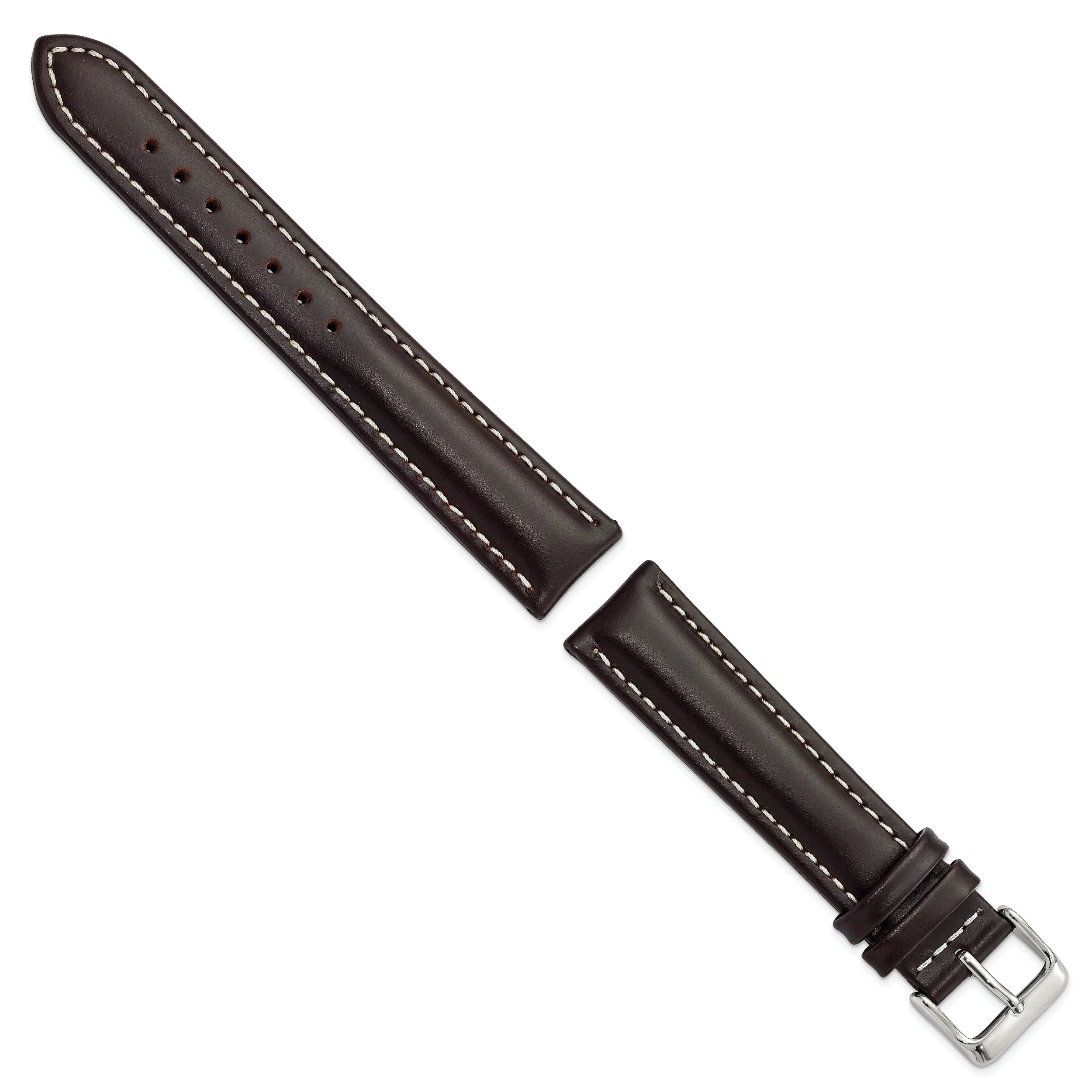 20mm Long Dark Brown Oil-tanned Leather with White Stitching and Silver-tone Buckle 8.25 inch Watch Band