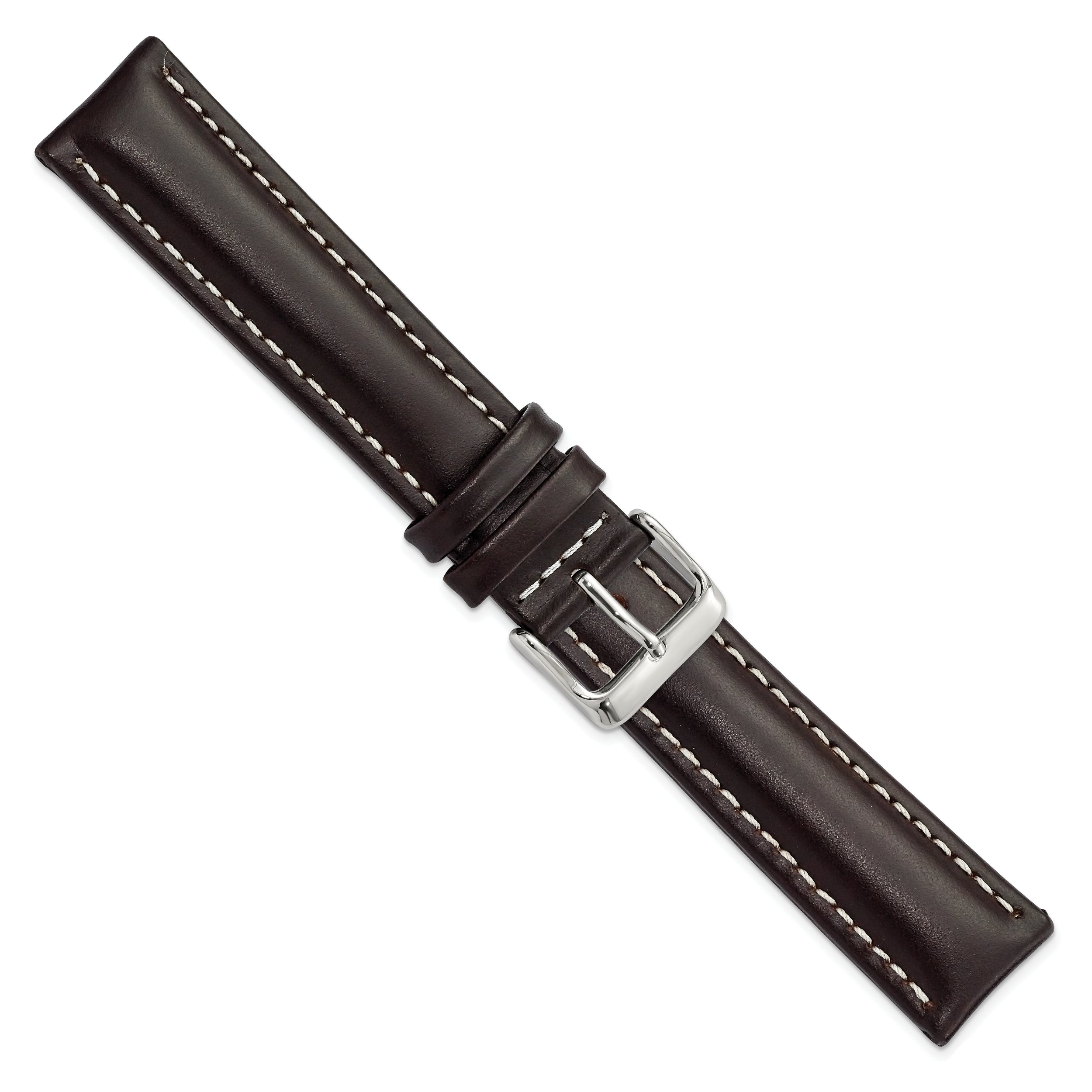 20mm Long Dark Brown Oil-tanned Leather with White Stitching and Silver-tone Buckle 8.25 inch Watch Band