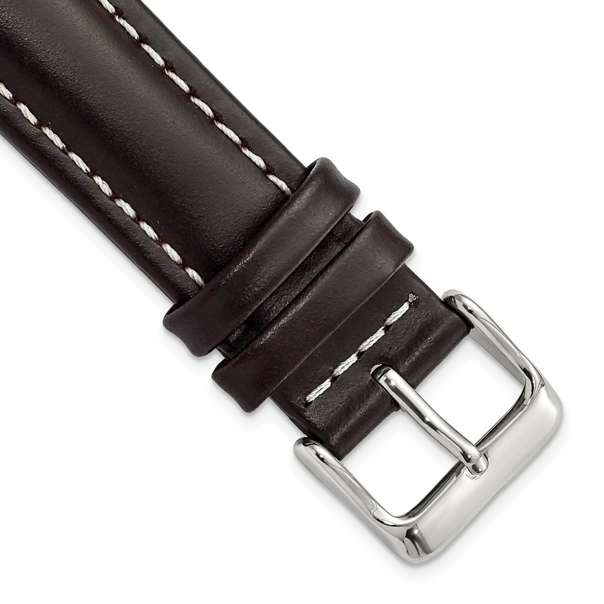 20mm Long Dark Brown Oil-tanned Leather with White Stitching and Silver-tone Buckle 8.25 inch Watch Band
