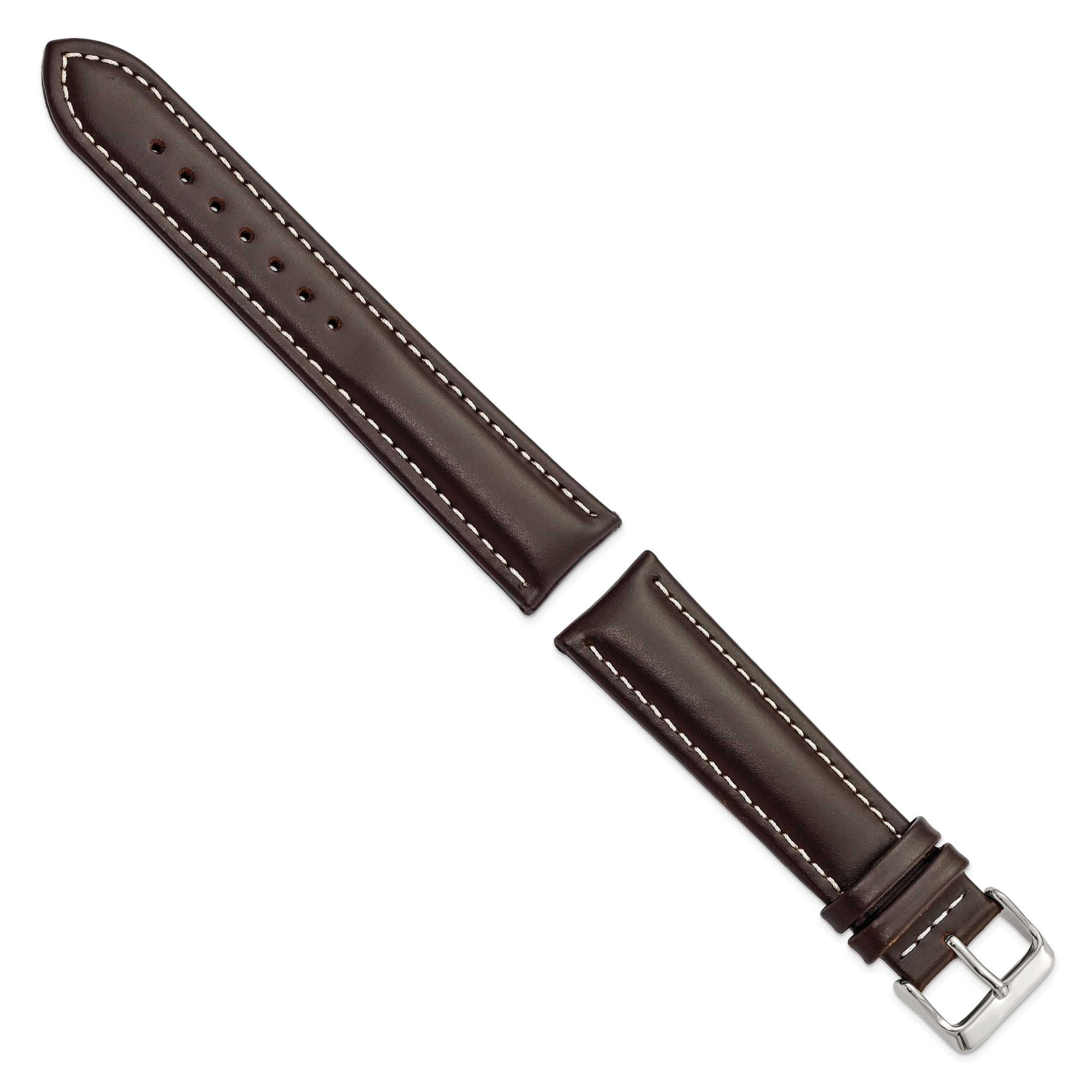 Brown Genuine Leather Watch Band with White Stitching and Silver-Tone Buckle 22mm