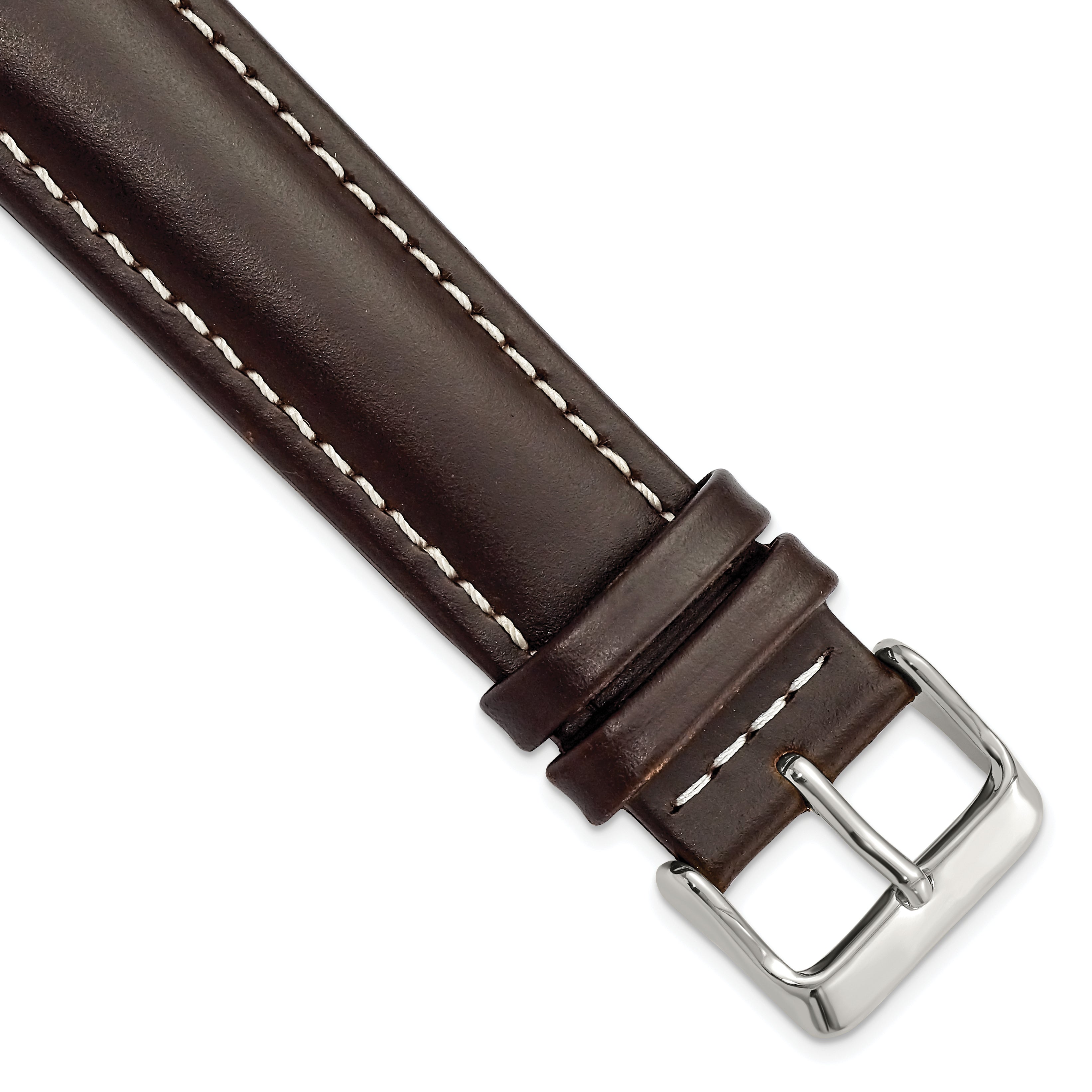 22mm Long Dark Brown Oil-tanned Leather with White Stitching and Silver-tone Buckle 8.25 inch Watch Band