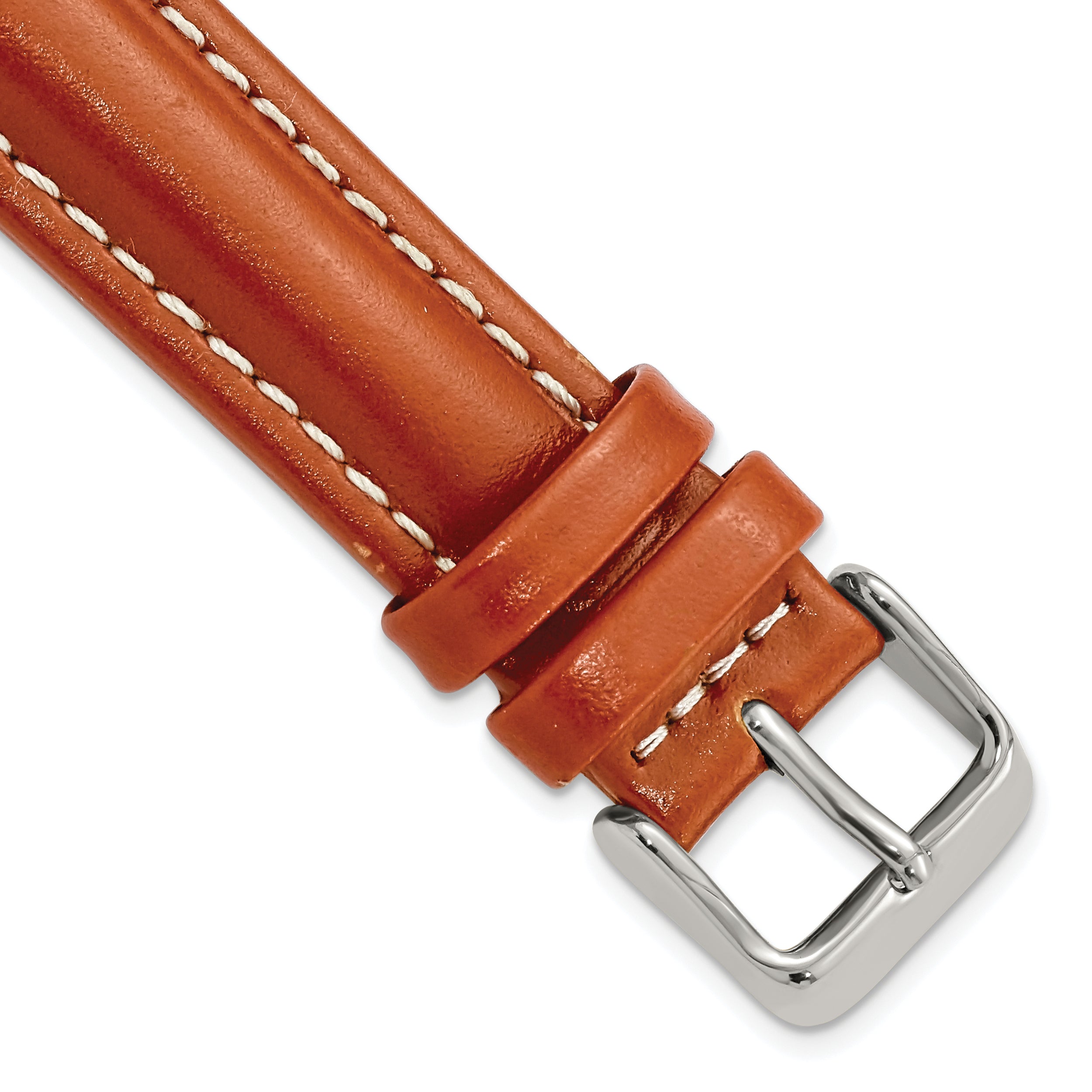 18mm Saddle Brown Oil-tanned Leather with White Stitching and Silver-tone Buckle 7.5 inch Watch Band