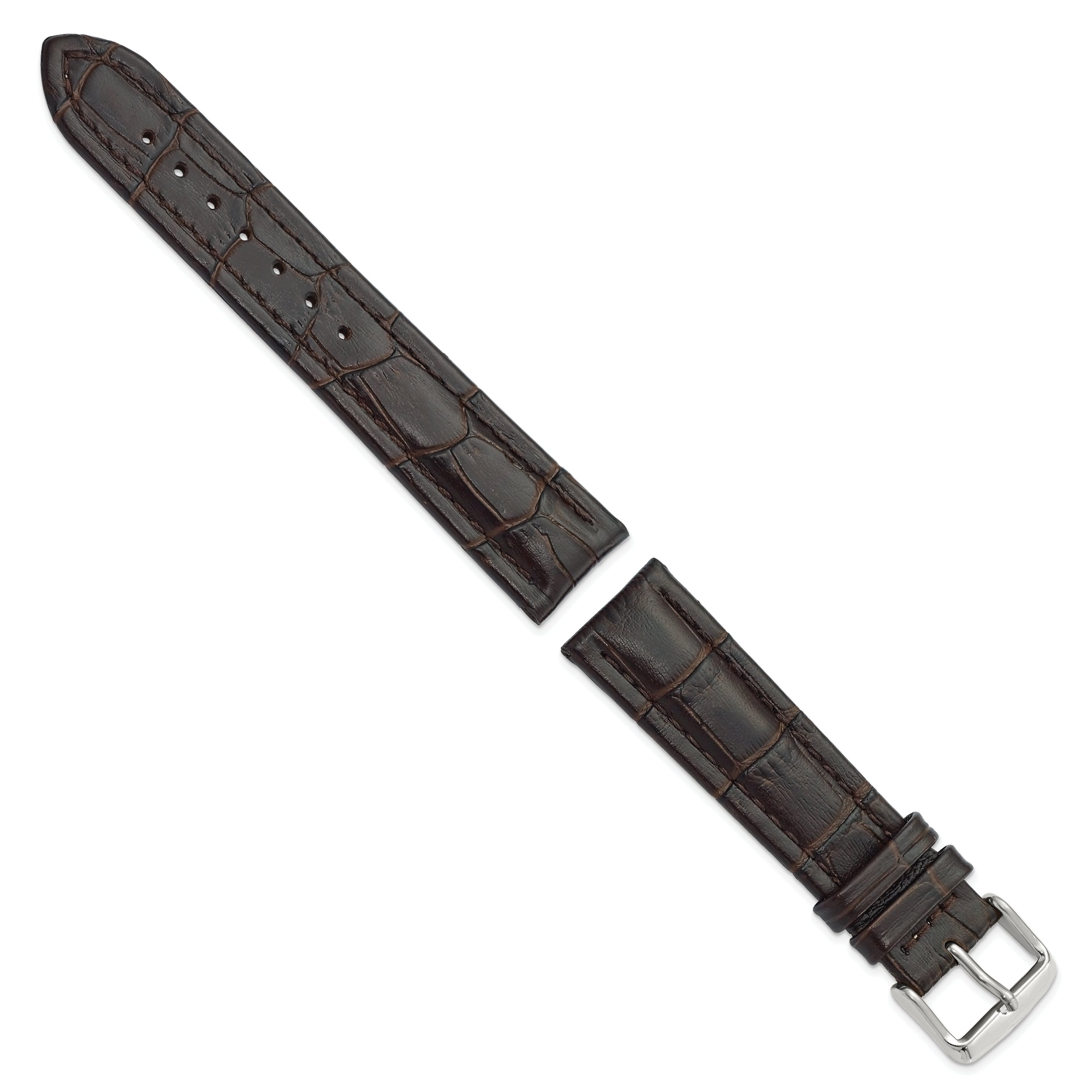20mm Dark Brown Matte Alligator Grain Leather with Silver-tone Buckle 7.5 inch Watch Band