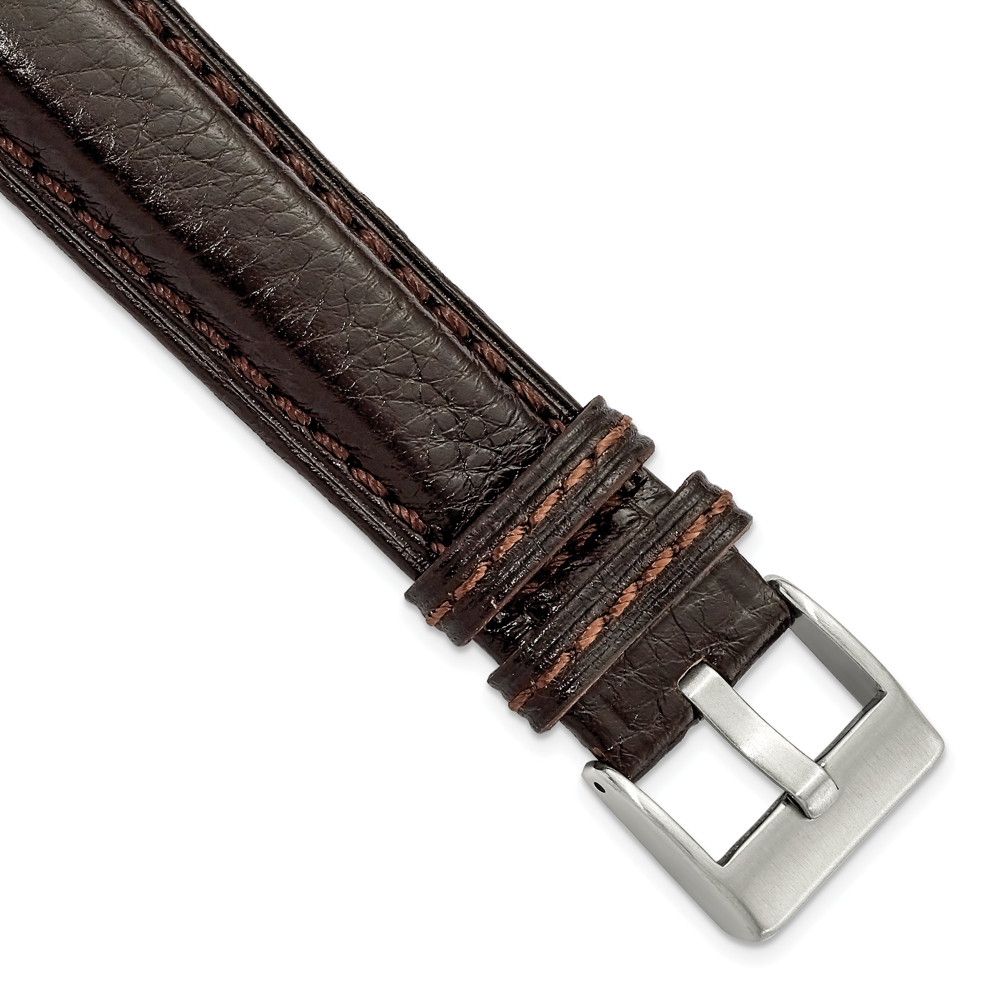 20mm Dark Brown Belting Leather with Brushed Silver-tone Steel Buckle 7.75 inch Watch Band