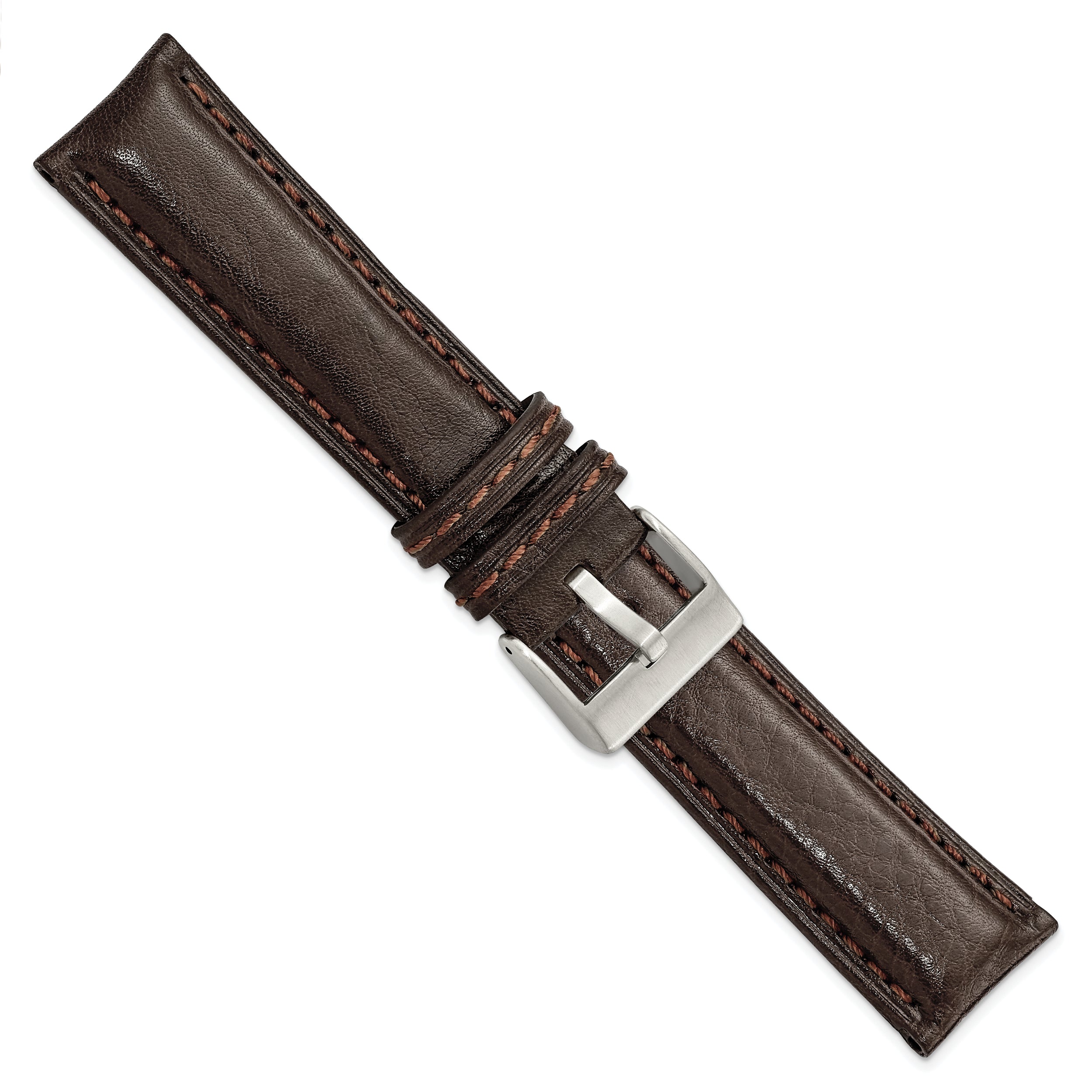 22mm Dark Brown Belting Leather with Brushed Silver-tone Steel Buckle 7.75 inch Watch Band