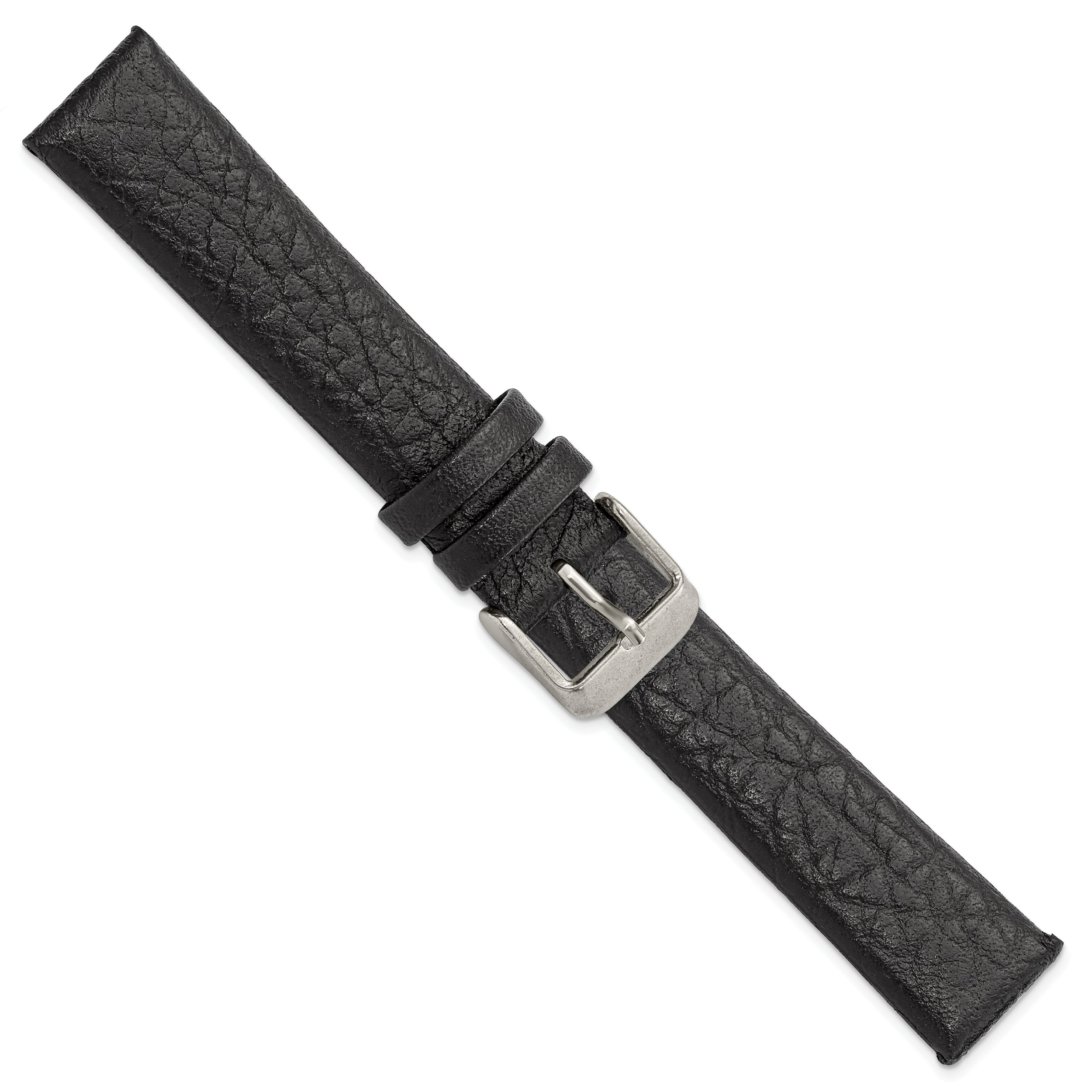 18mm Black Distressed Leather with Brushed Stainless Steel Buckle 7.75 inch Watch Band