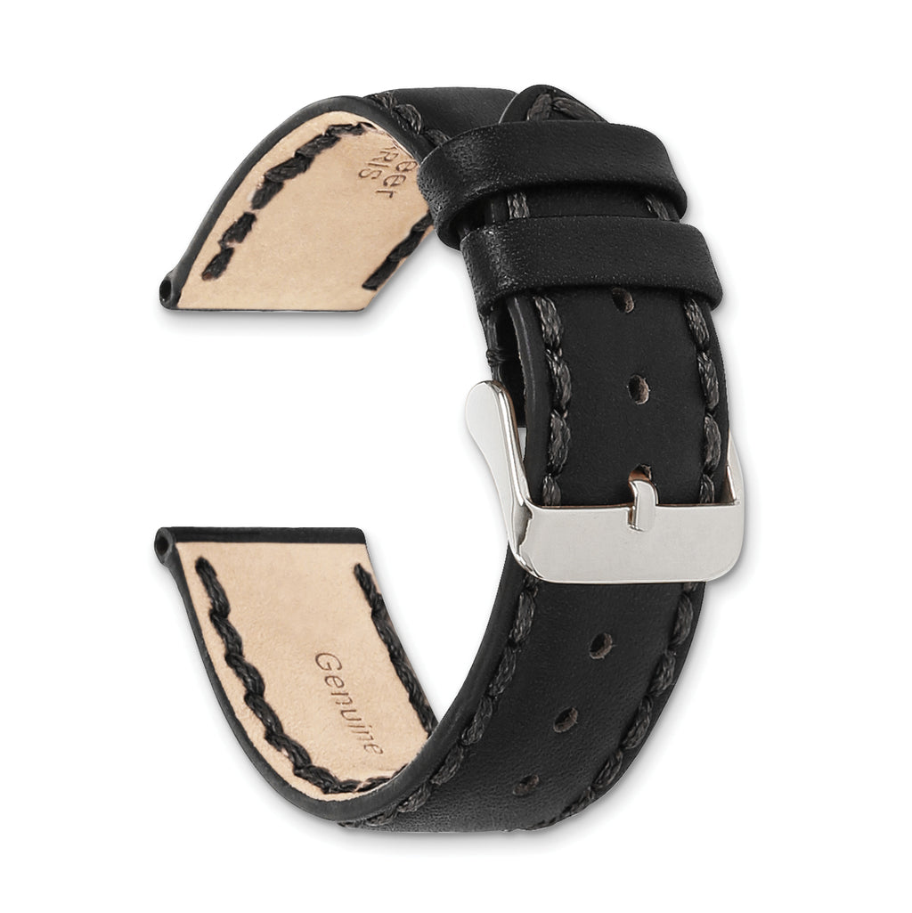 18mm Black Hand Stitched Oil Leather with Brushed Stainless Steel Buckle 7.5 inch Watch Band