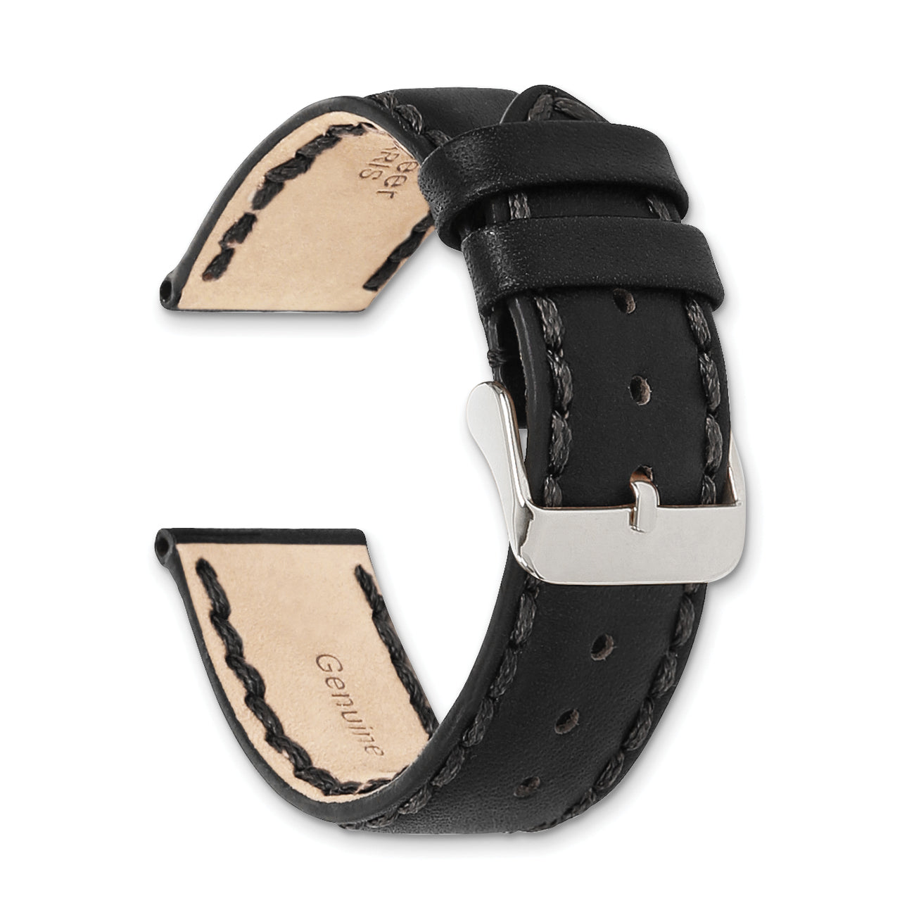 18mm Black Hand Stitched Oil Leather with Brushed Stainless Steel Buckle 7.5 inch Watch Band